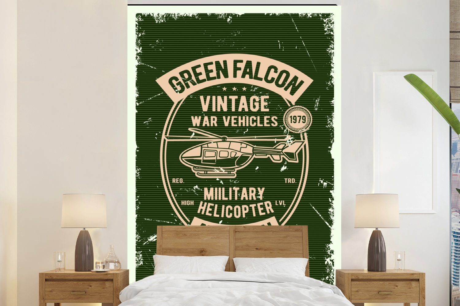 MuchoWow Fototapete Hubschrauber - Vintage - Grün, Matt, bedruckt, (3 St), Montagefertig Vinyl Tapete für Wohnzimmer, Wandtapete