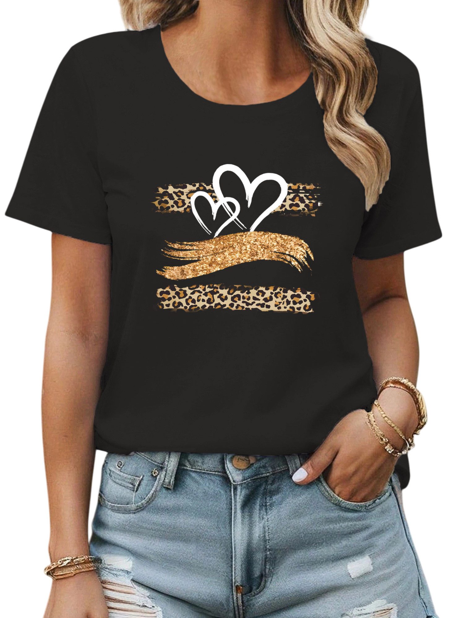 PYLIKE Kurzarmbluse Damen Sommer Bequemes T-Shirt mit Leopardenmuster-Herz günstig online kaufen