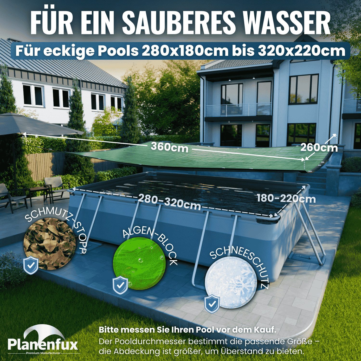 Planenfux® Pool-Abdeckplane Poolplanen rechteckig PE Material - Grün (PARENT), 280-320 x 180-220 cm Pool Abdeckung aus starkem 200g/m² PE Material