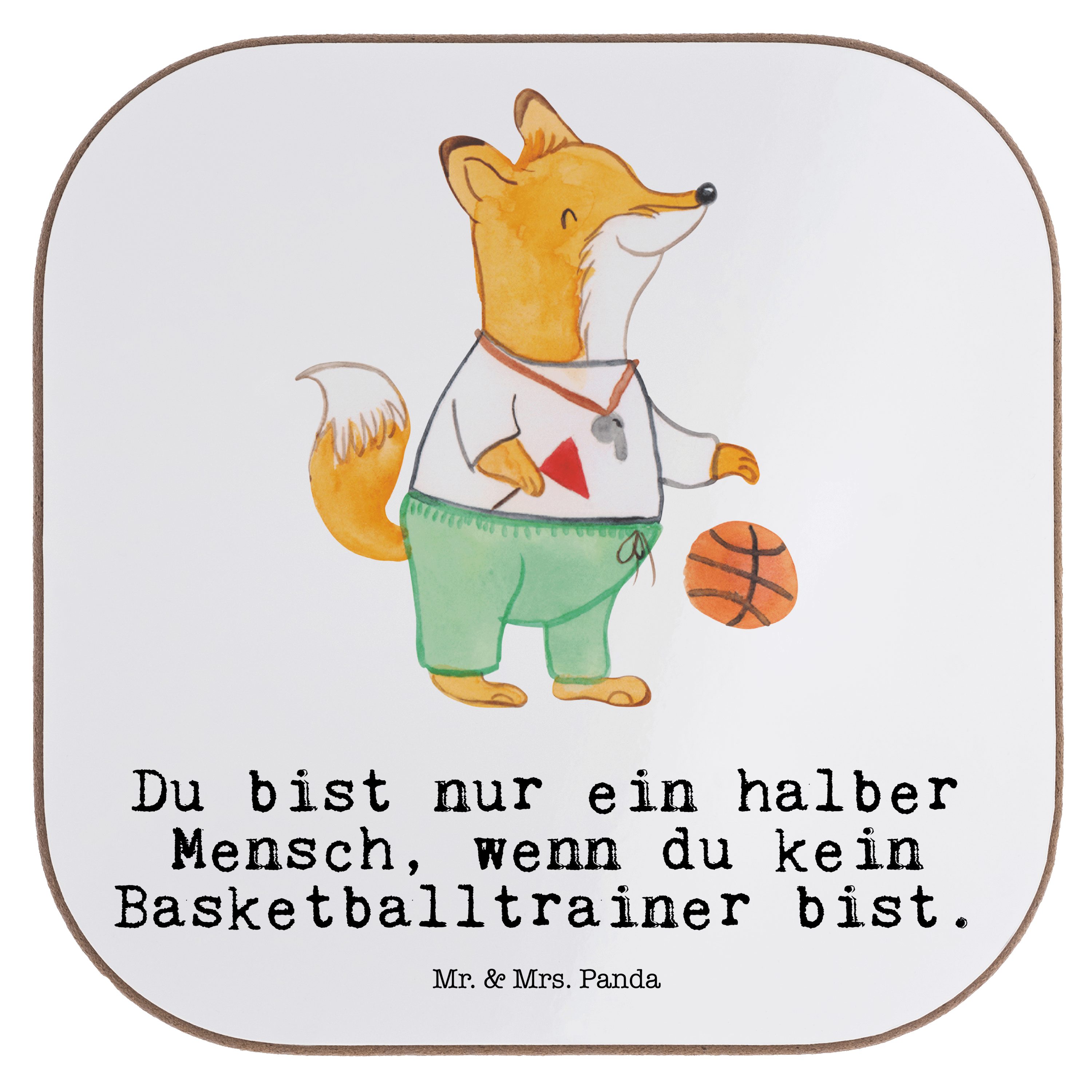 Mr. Panda Getränkeuntersetzer Untersetzer Geschenk, Mrs. Basketballtrainer & mit - 1-tlg. Bas, Weiß Gläser, - Herz