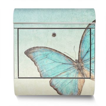 banjado Wandbriefkasten Edelstahl Blaue Schmetterlinge (Wandbriefkasten groß, mit Zeitungsfach), 38 x 42,5 x12cm