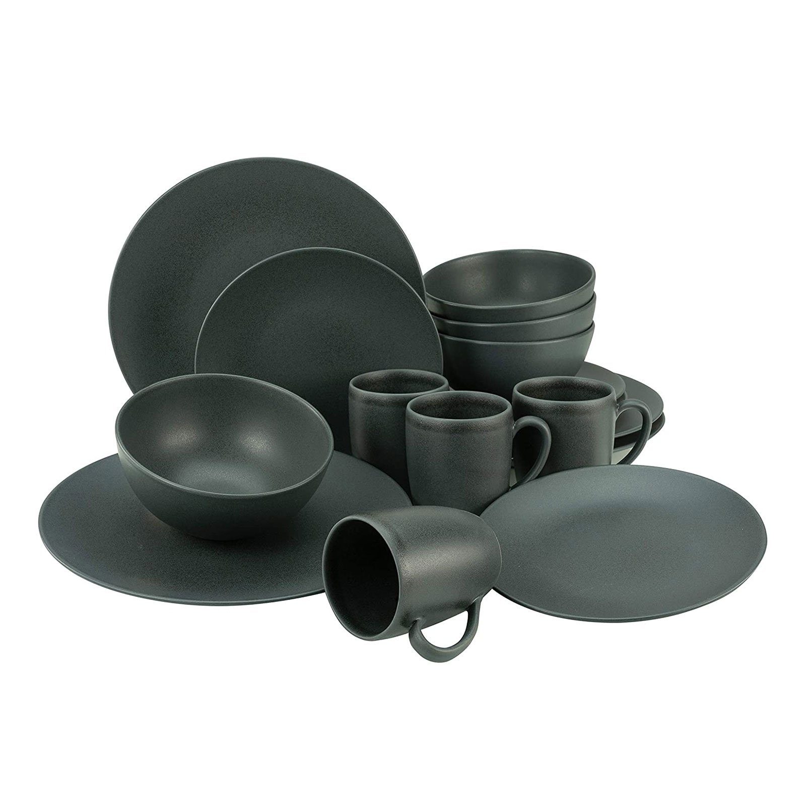 CreaTable Kombiservice Black Touch seidenmatte Geschirr-Set Service, 16 Farbe (16-tlg), Glasur, Soft schwarz, 4 Black Teile, Steinzeug, seidenmatt für 4 Personen, Personen