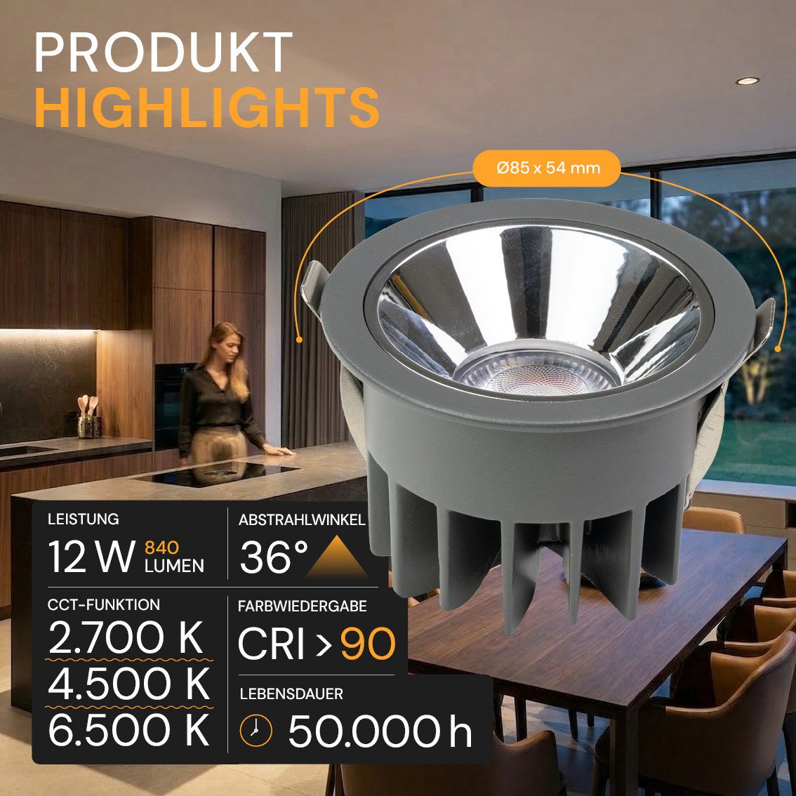 ENOVALITE LED Deckenspot CCT Einbaustrahler, LED fest integriert, Kalt- Warmweiß, 2700K-6500K, Lichtfarbe einstellbar, CRI90 Augenschonend