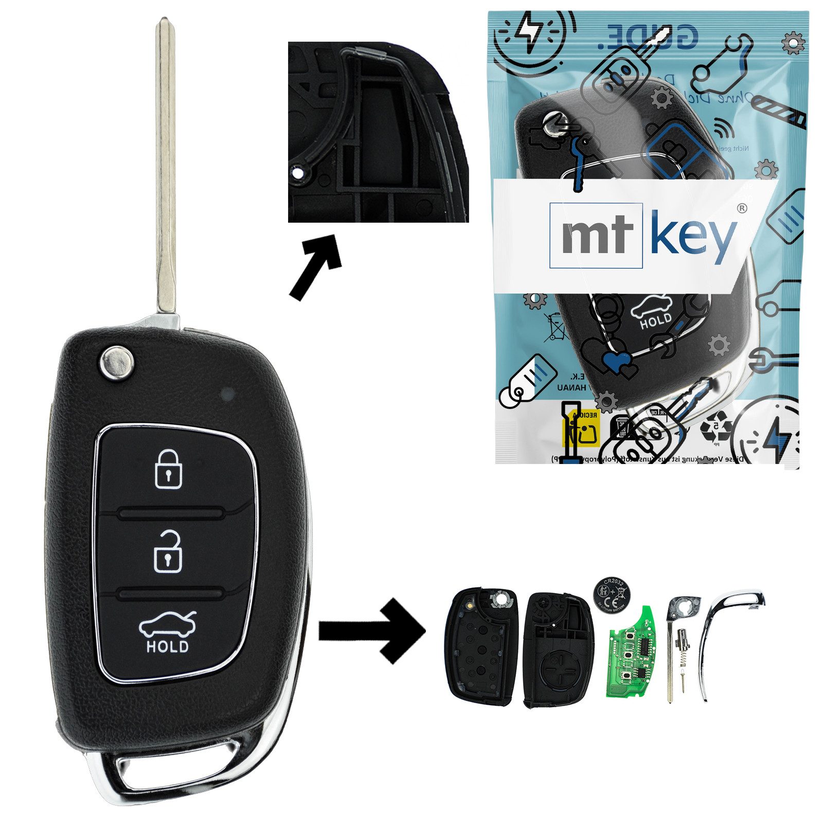 mt-key Schlüsseltasche Auto Funk Schlüssel 434MHZ Fernbedienung PCF7936 (Set), für Hyundai i20 (14-18)