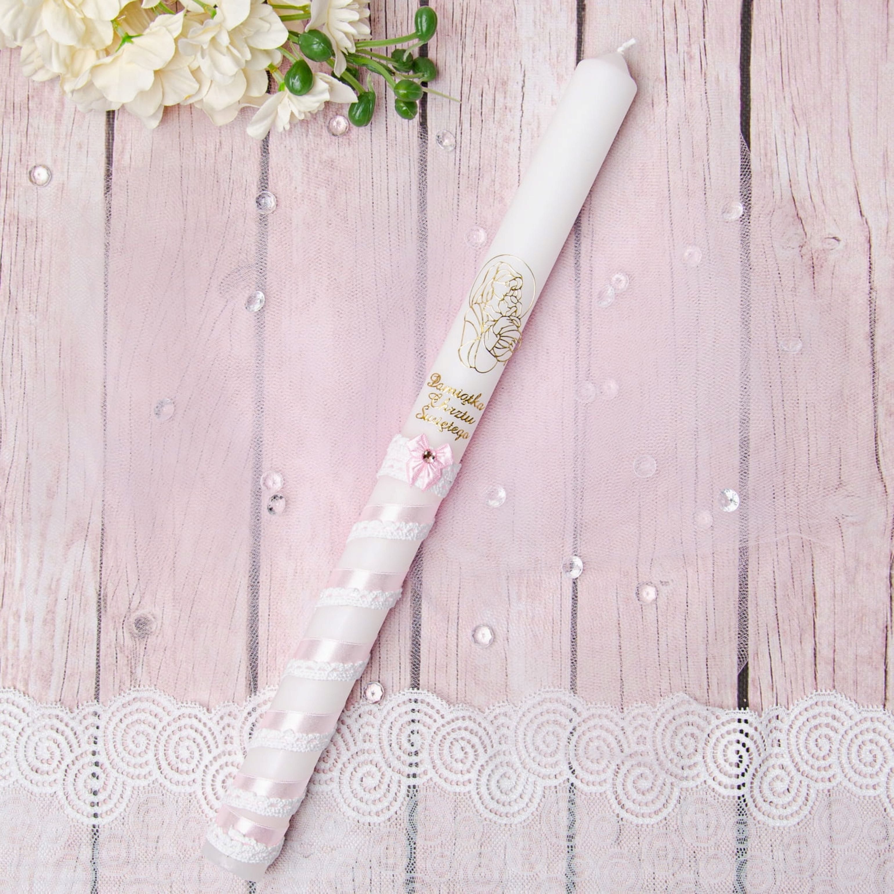 Festivalartikel Taufkarte Taufkerze Mädchen Rosa Gold 40cm Handdekoriert Madonna