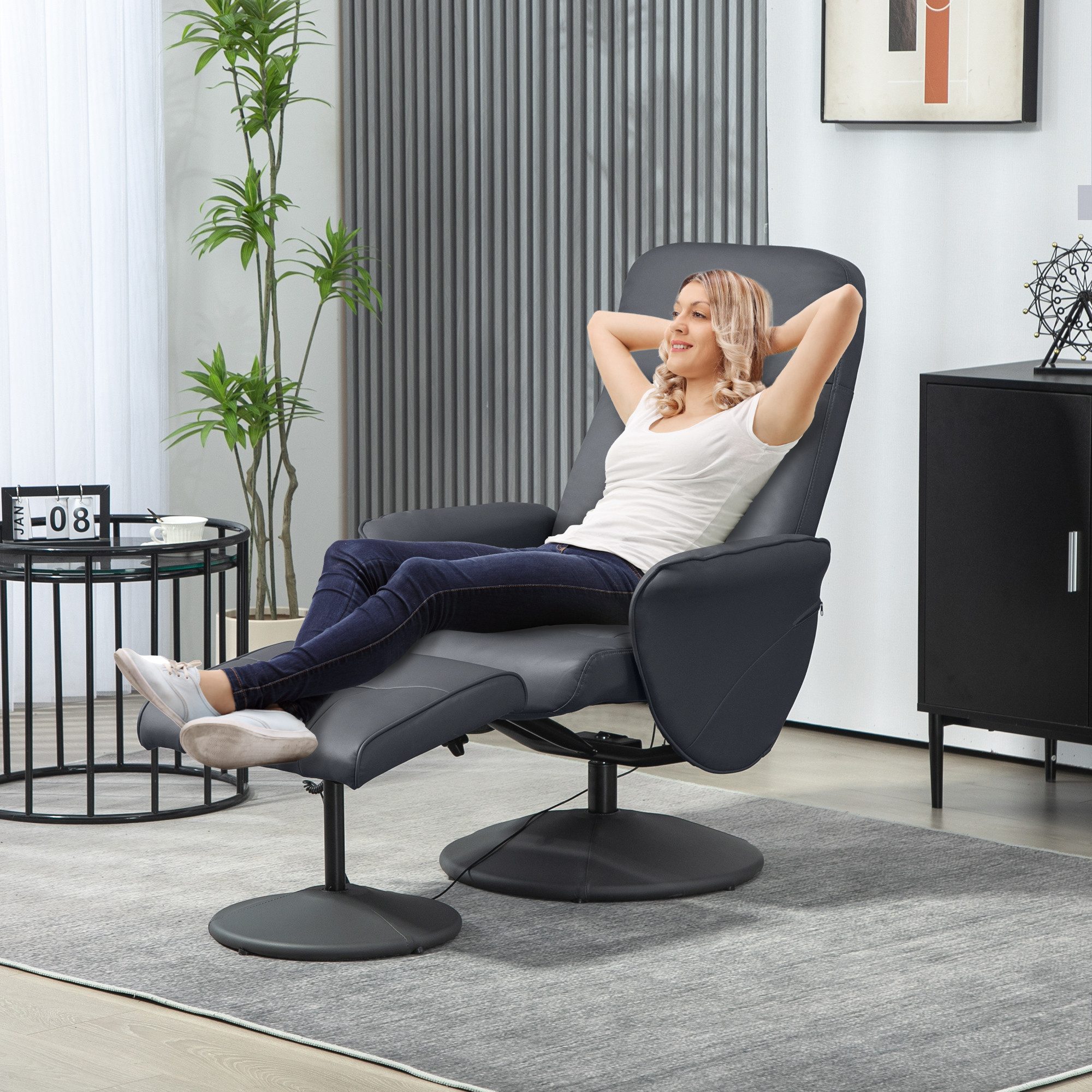 HOMCOM Massagesessel Hocker, drehbarer Fernsehsessel, Liegefunktion, Fernbedienung (Relaxsessel, 2-St., Fernsehsessel), mit Seitentasche, Fernbedienung, Kunstleder, Dunkelgrau