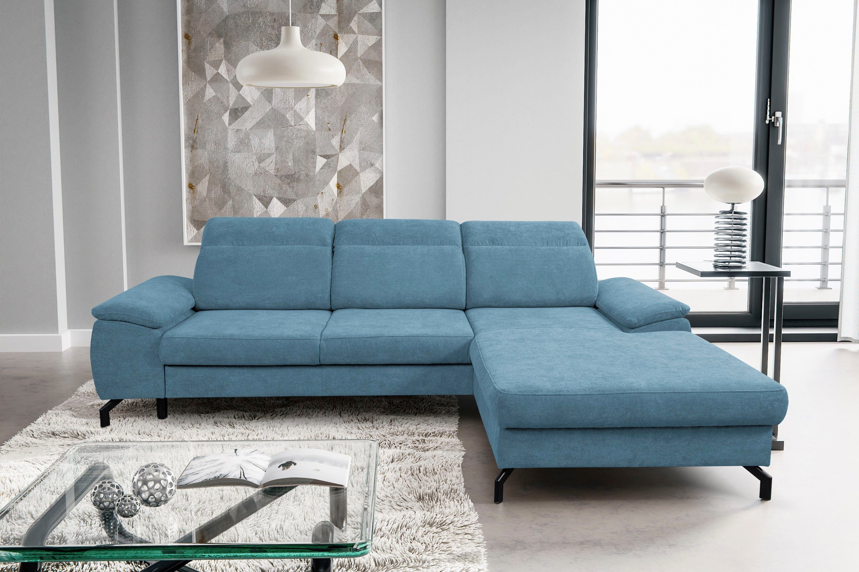 WERK2 Ecksofa Panama, Modernes Kopfteile | | Bettkasten, Hellblau verstellbar Sofa Hellblau Schlaffunktion, mit Hellblau