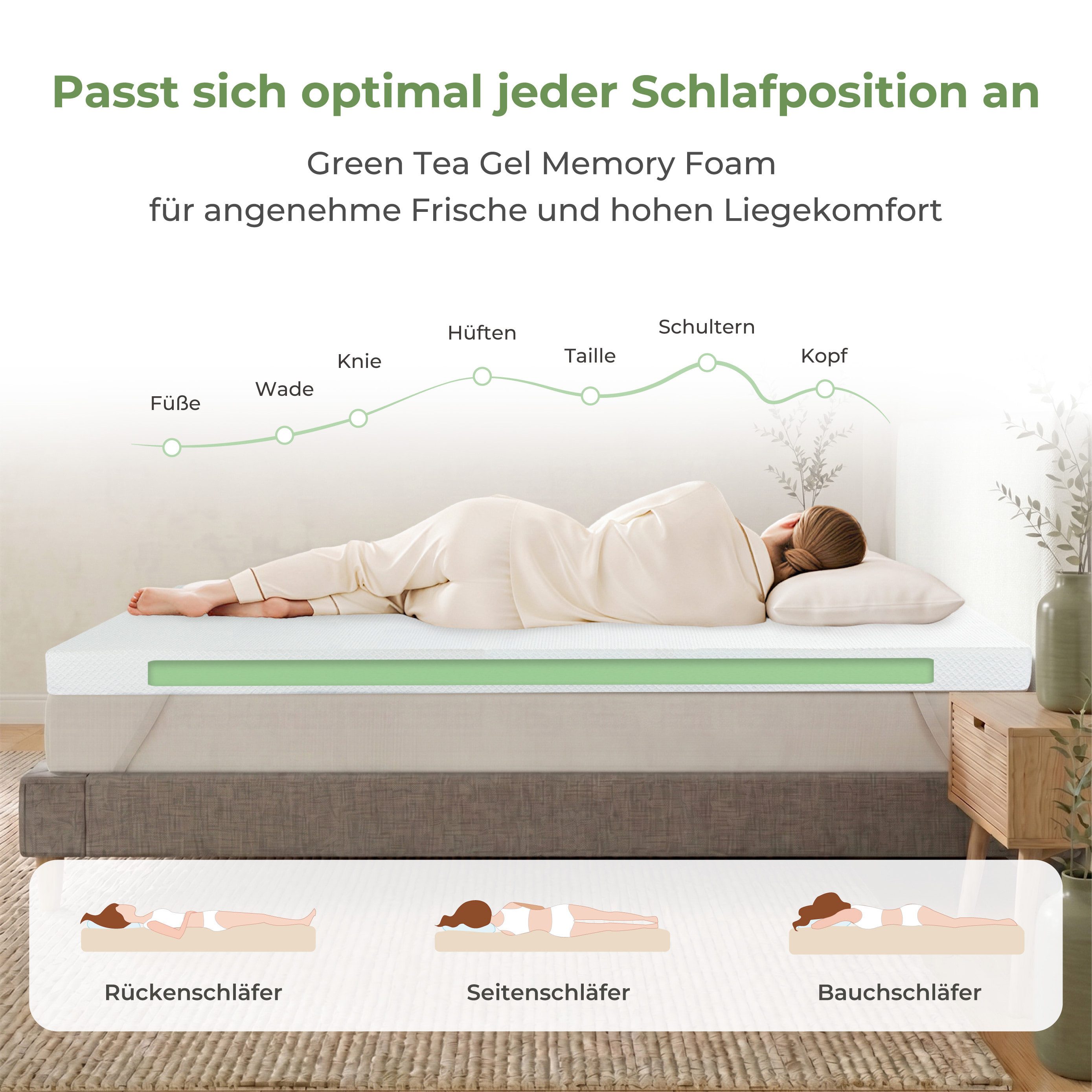 emerspring, Topper Gelschaum Matratzentopper H2, 5 cm & 9 cm, waschbarer Bezug, 5 cm hoch, Komfort-Upgrade für festere Matratzen ohne zusätzliche Höhe im Alltag