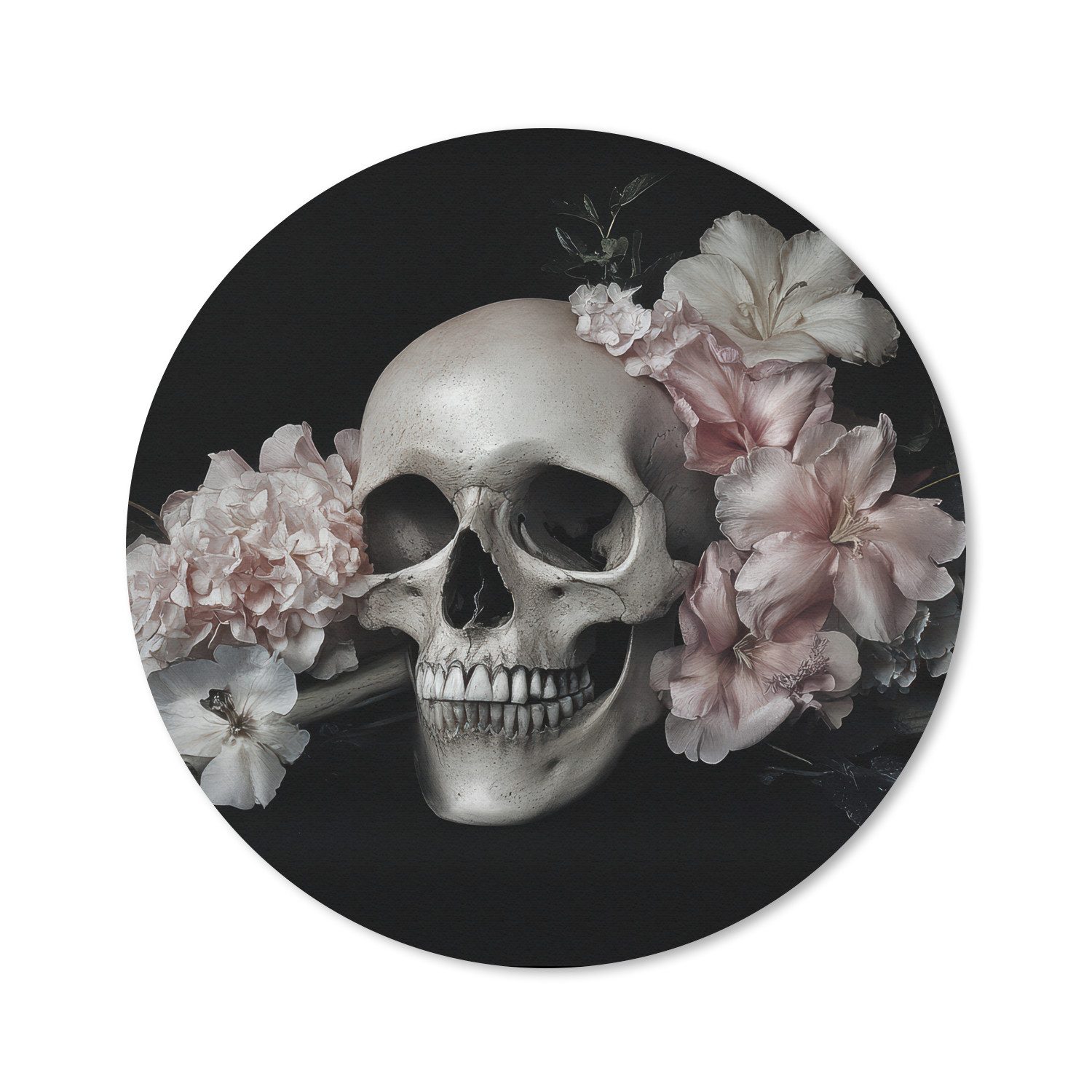 MuchoWow Mauspad Skelett - Blumen - Rosa - Schädel - Knochen (1-St), Büro für Tastatur und Maus, Mousepad Gaming, Rund 20x20 cm
