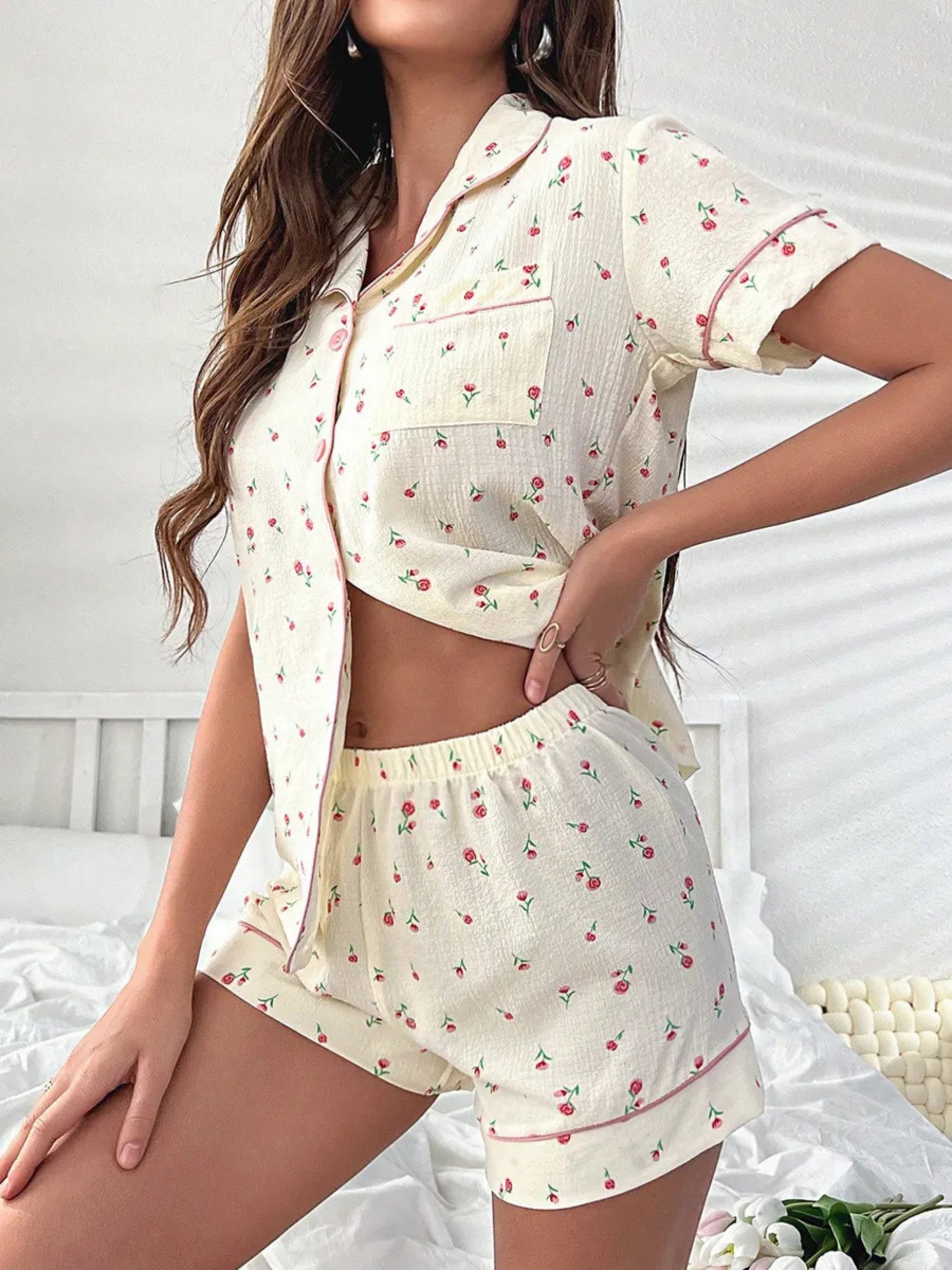 Elegant Love Shorty Damen Pyjama-Set mit floralem Muster – leichte Nachtwäs günstig online kaufen