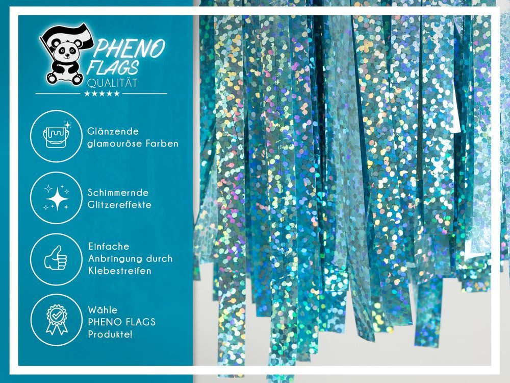 PHENO FLAGS Flagge 2 Stück Lametta Vorhang - Deko, Lametta Girlande für Ihre Party, Funkelnden Metallic-Look in hellblau
