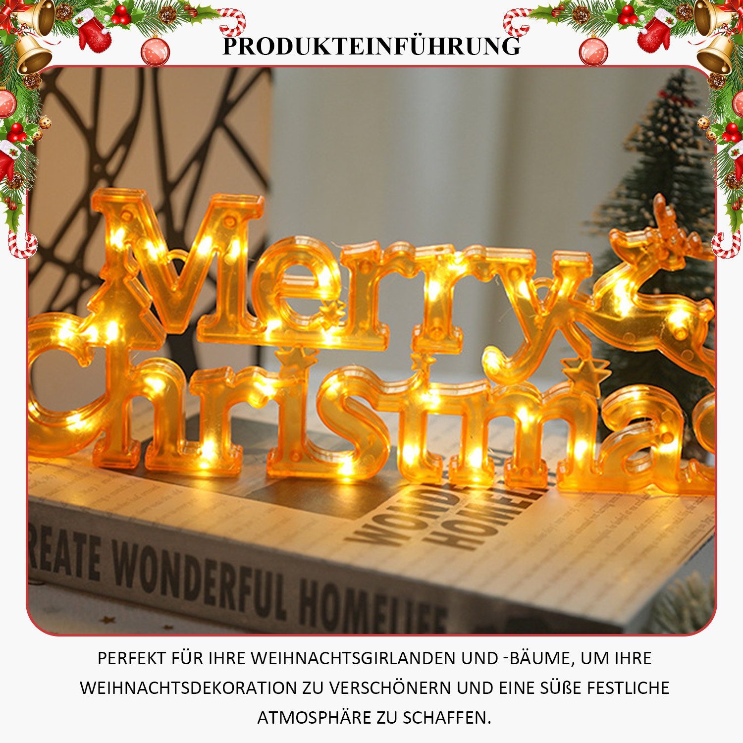 Weihnachtsdeko MAGICSHE gelb Frohe Lichtern Schild mit Weihnachten LED Dekoobjekt