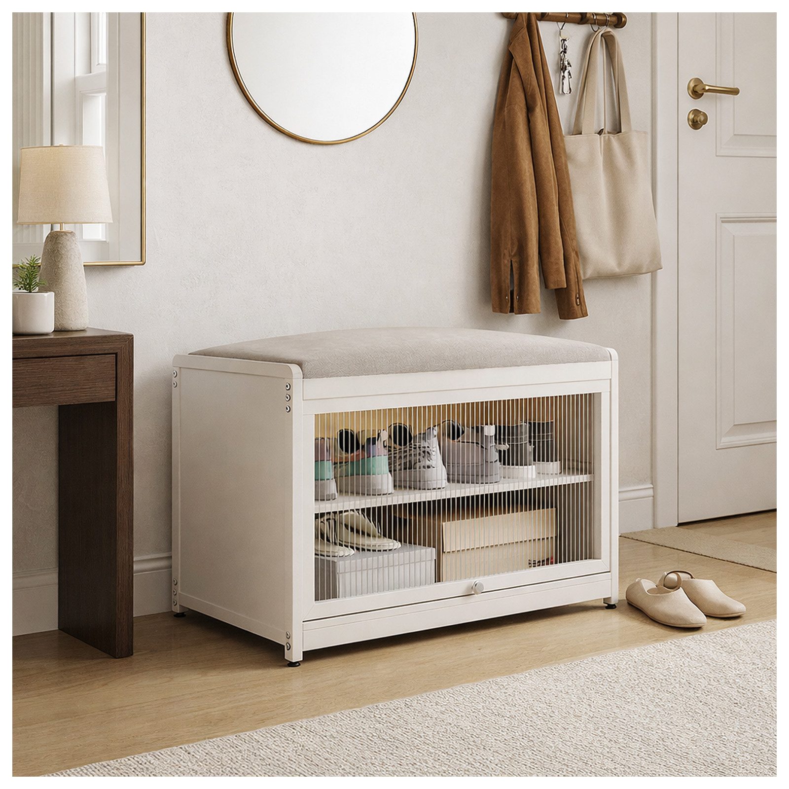 HTI-Living Schuhschrank mit Schiebetür und Sitzkissen Beige (1 Stück, 1-St., 1 Schuhschrank mit Sitzkissen) Sitzkissen mit Polyesterbezug in Leinenoptik
