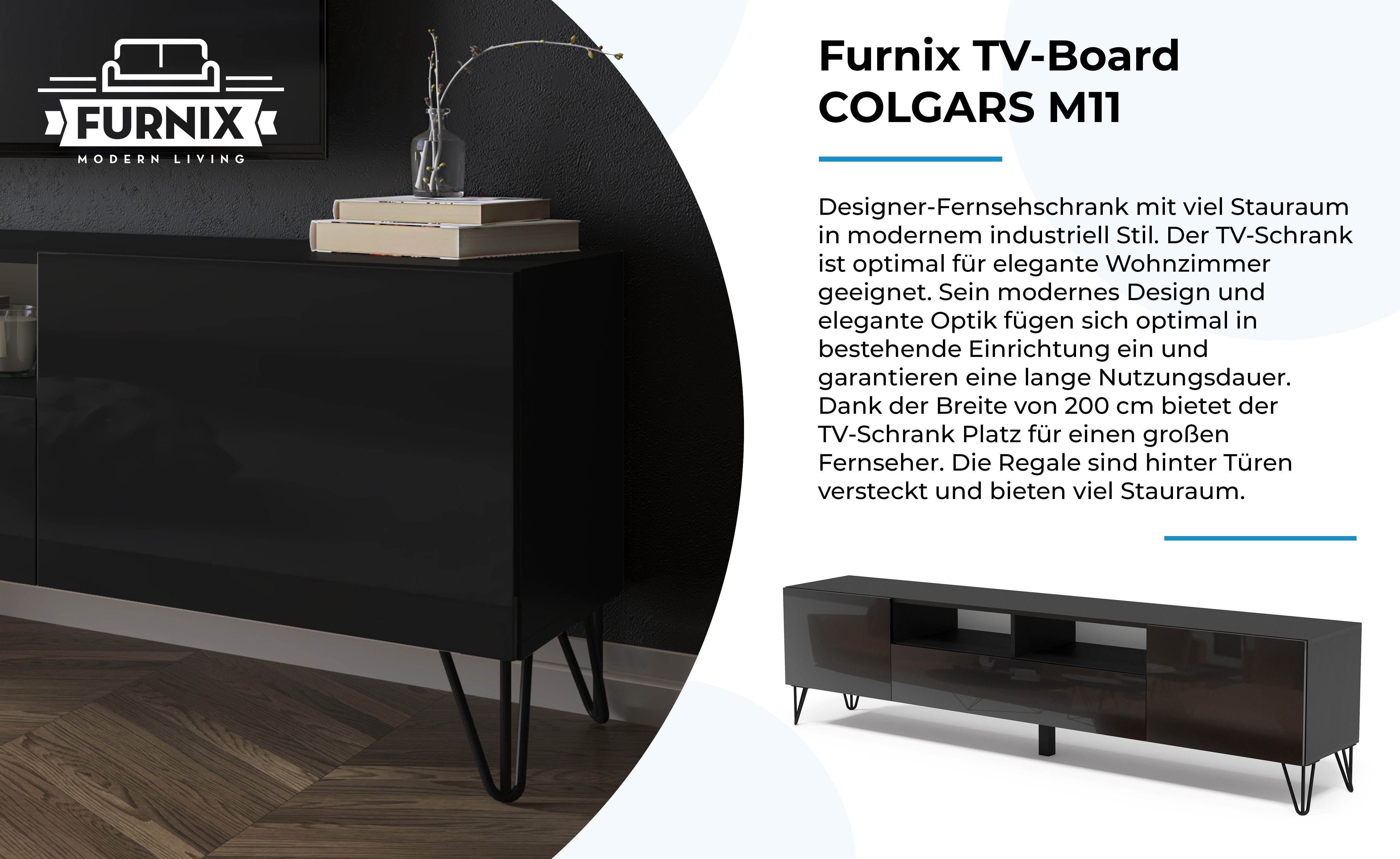 COLGARS B200 cm T37 x H51 x Lowboard M11 HAIRPIN Schwarz/Schwarz Furnix TV-Schrank mit TV-Board Metallfüßen, Glanz