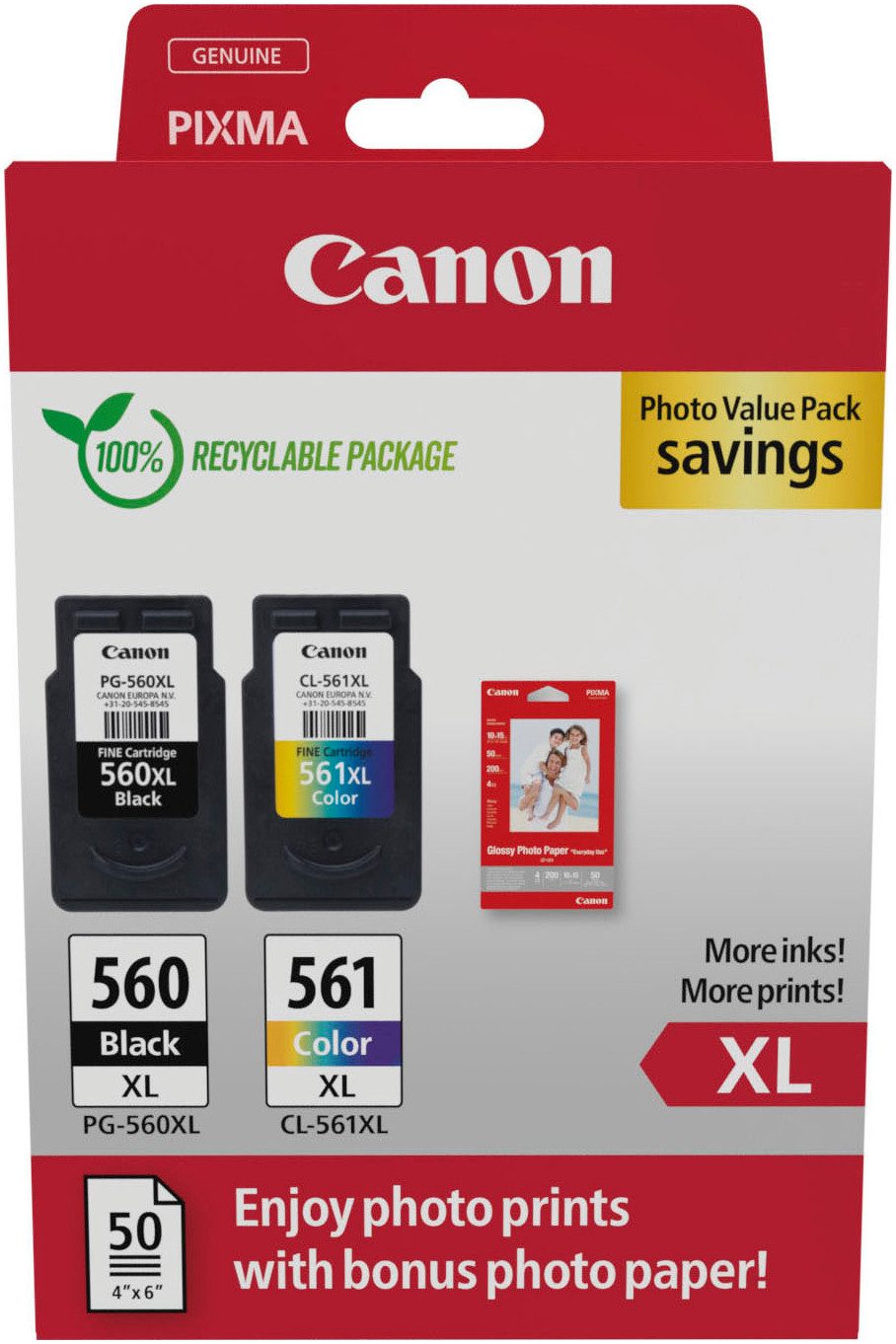 Canon PG-560XL Schwarz und CL-561XL Farbe + Fotopapier Vorteilspack Tintenpatrone (Packung)