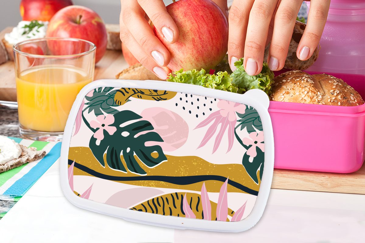 MuchoWow Lunchbox Tiger rosa Snackbox, Muster, Brotbox Kinder, Mädchen, Dschungel Erwachsene, Brotdose - für - Kunststoff Pflanzen Kunststoff, - (2-tlg)