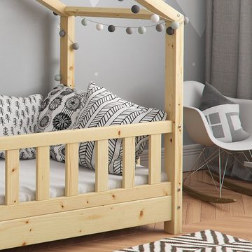 VitaliSpa® Kinderbett Kinderhausbett mit Zaun 70x140cm DESIGN Natur Matratze