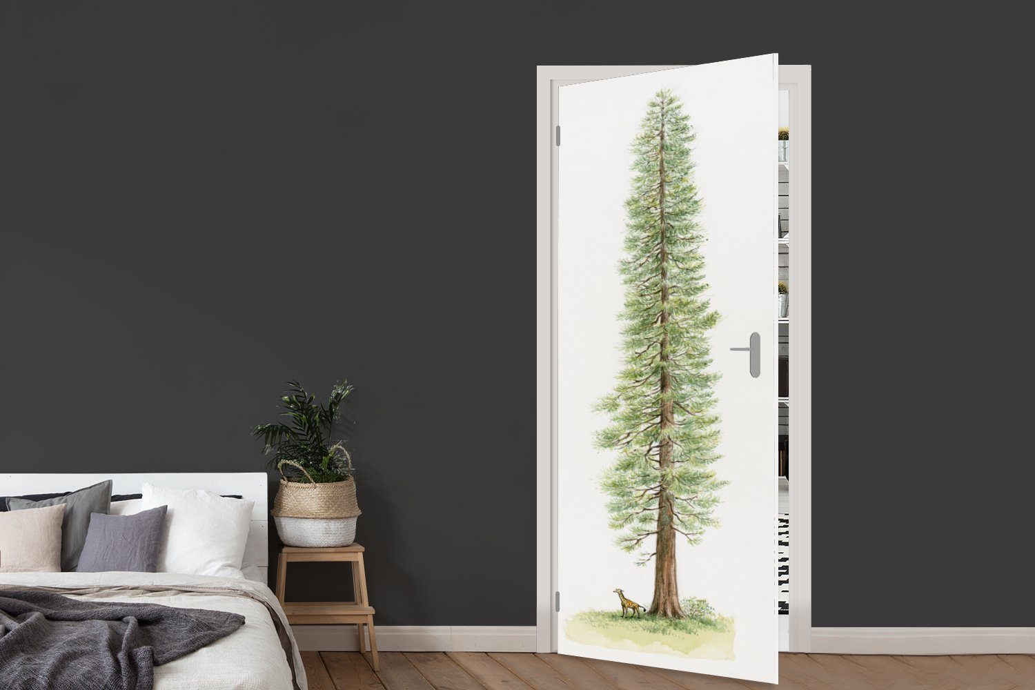 Tür, eines Mammutbaums, jungen Eine Fototapete Türaufkleber, Türtapete für naturgetreue Matt, (1 75x205 bedruckt, MuchoWow cm St), Illustration