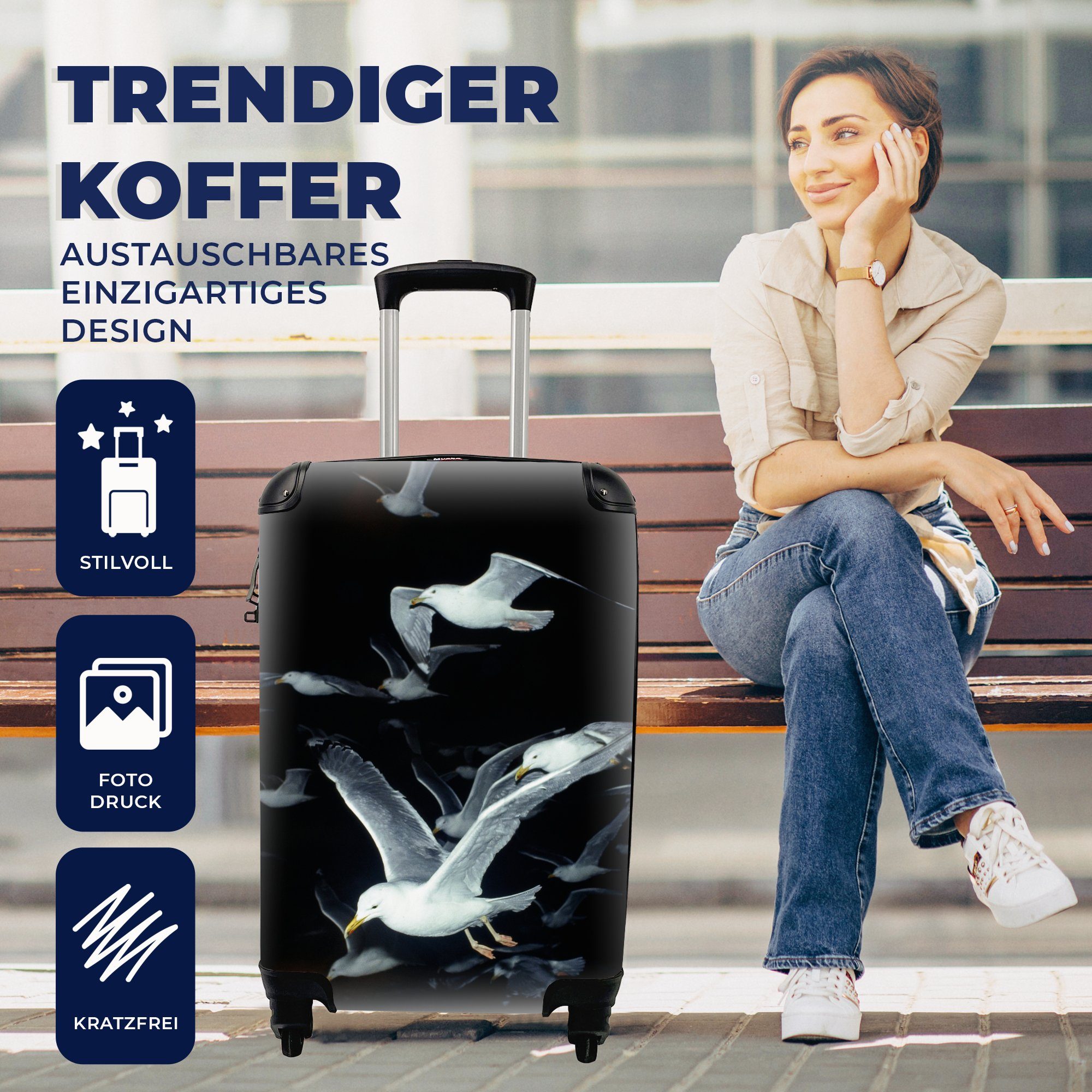 Handgepäckkoffer 4 - Handgepäck Trolley, rollen, MuchoWow Rollen, mit Ferien, für - Reisetasche Vogel Reisekoffer Schwarz Schwarm,