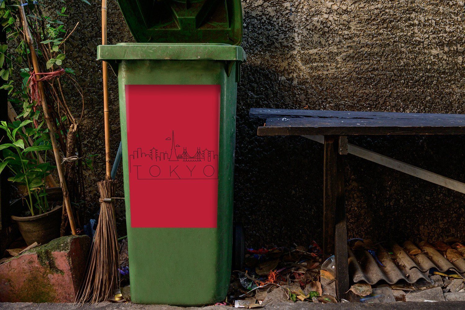 MuchoWow Wandsticker Skyline "Tokio" (1 Abfalbehälter St), Container, Mülltonne, rot Sticker, Mülleimer-aufkleber