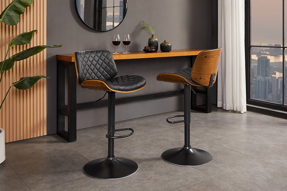 riess-ambiente Barhocker CHICAGO schwarz/braun - Kunstleder, MDF, Walnuss-Design, 360° drehbar (Einzelartikel, 1 St), Retro Tresenstuhl - ideal f. Küche, Wohn- & Esszimmer oder Bar-Bereich