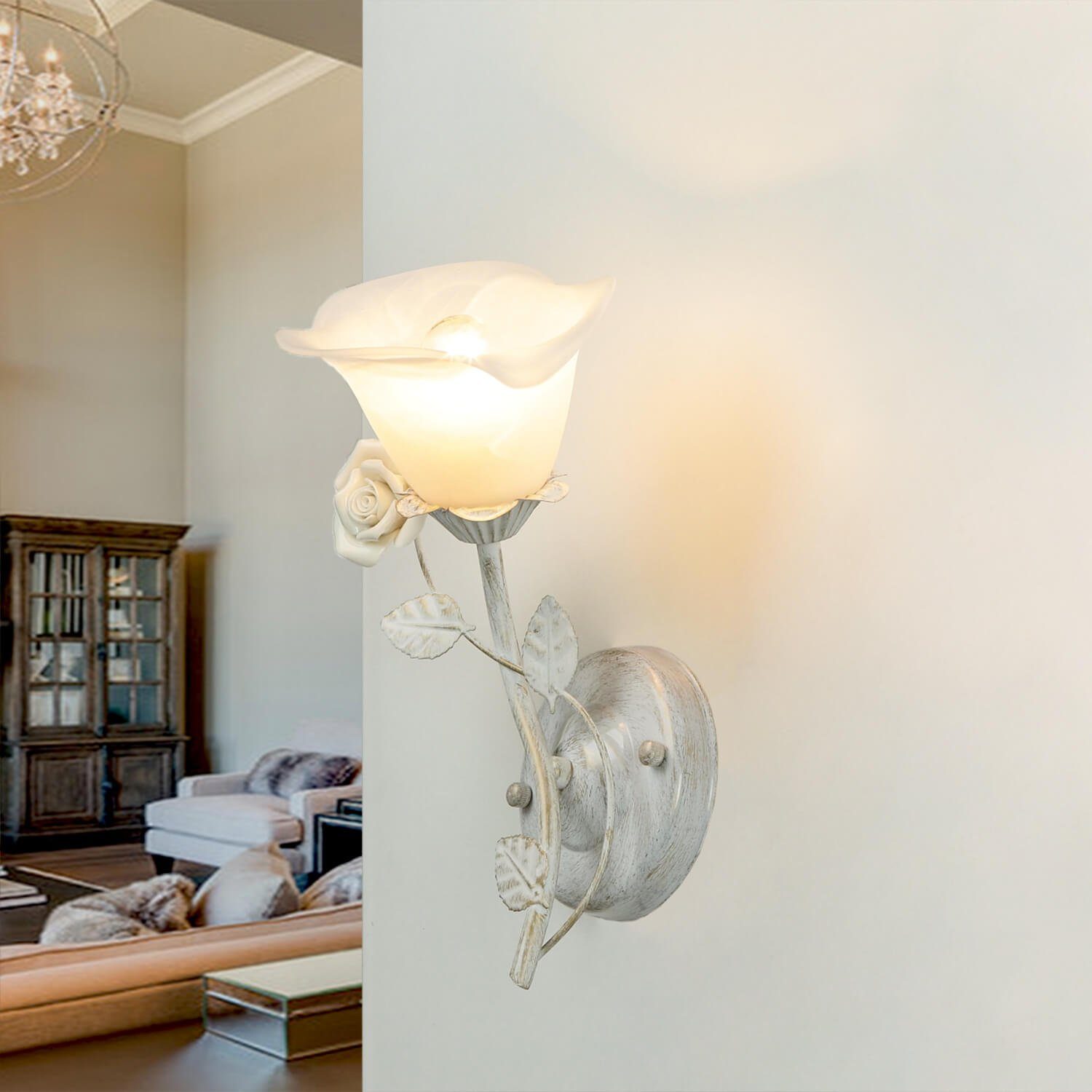 Licht-Erlebnisse Wandleuchte FLEURE, ohne Leuchtmittel, Wandlampe Shabby  Weiß Floral Glasschirm romantisch