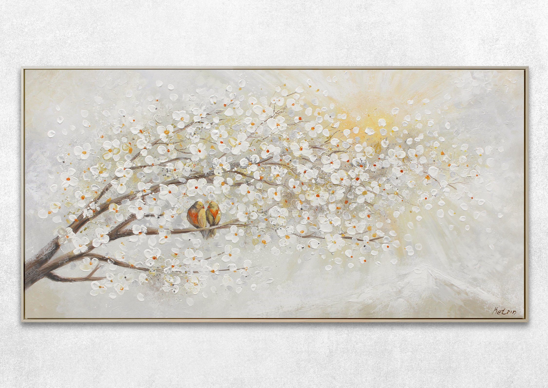 YS-Art Gemälde Sonnenaufgang, Natur, Leinwand Bild Handgemalt Zwei Vögel au günstig online kaufen