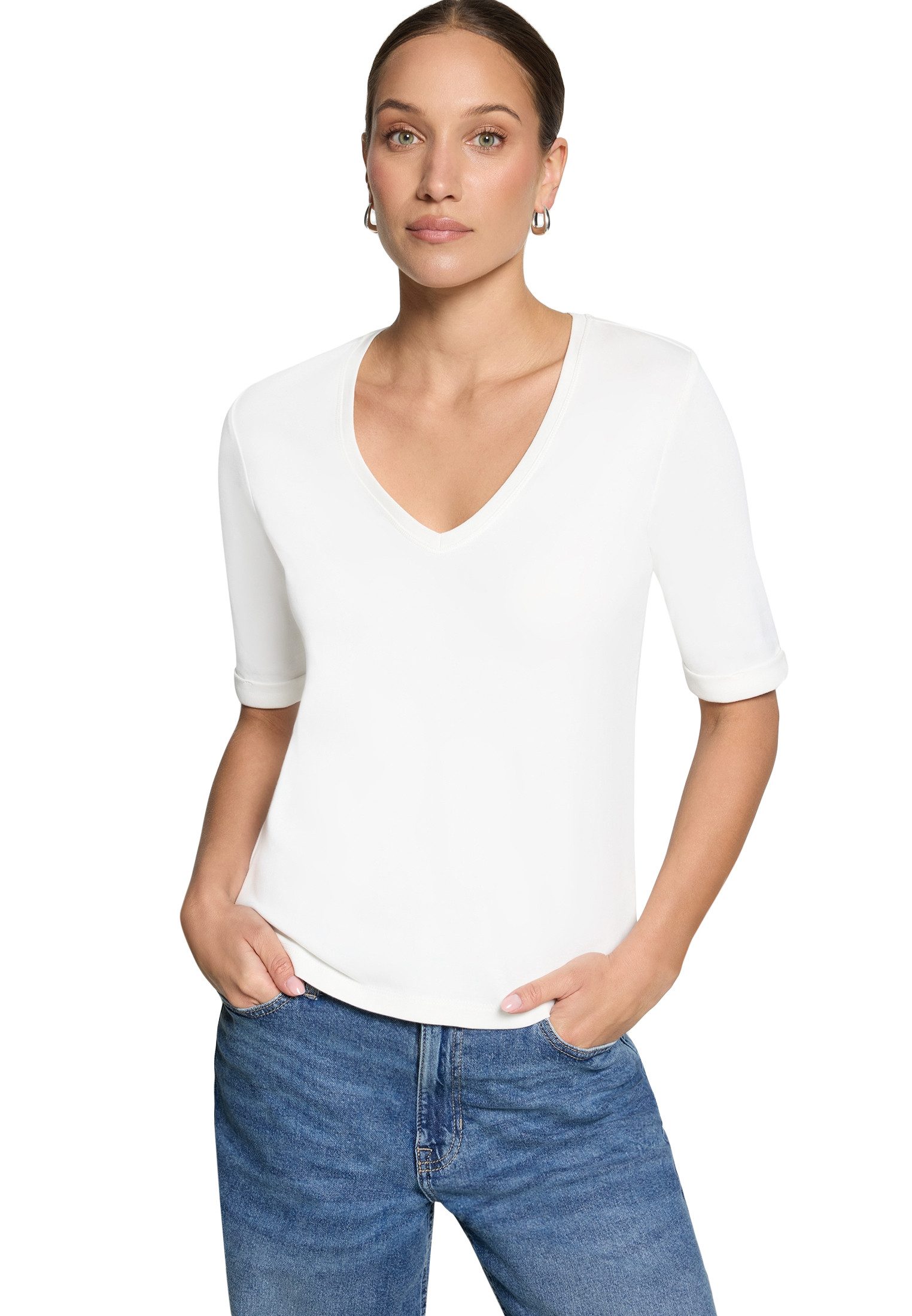 Zero Kurzarmshirt Damen Shirt mit V-Ausschnitt (1-tlg) Aufschlag / Krempel