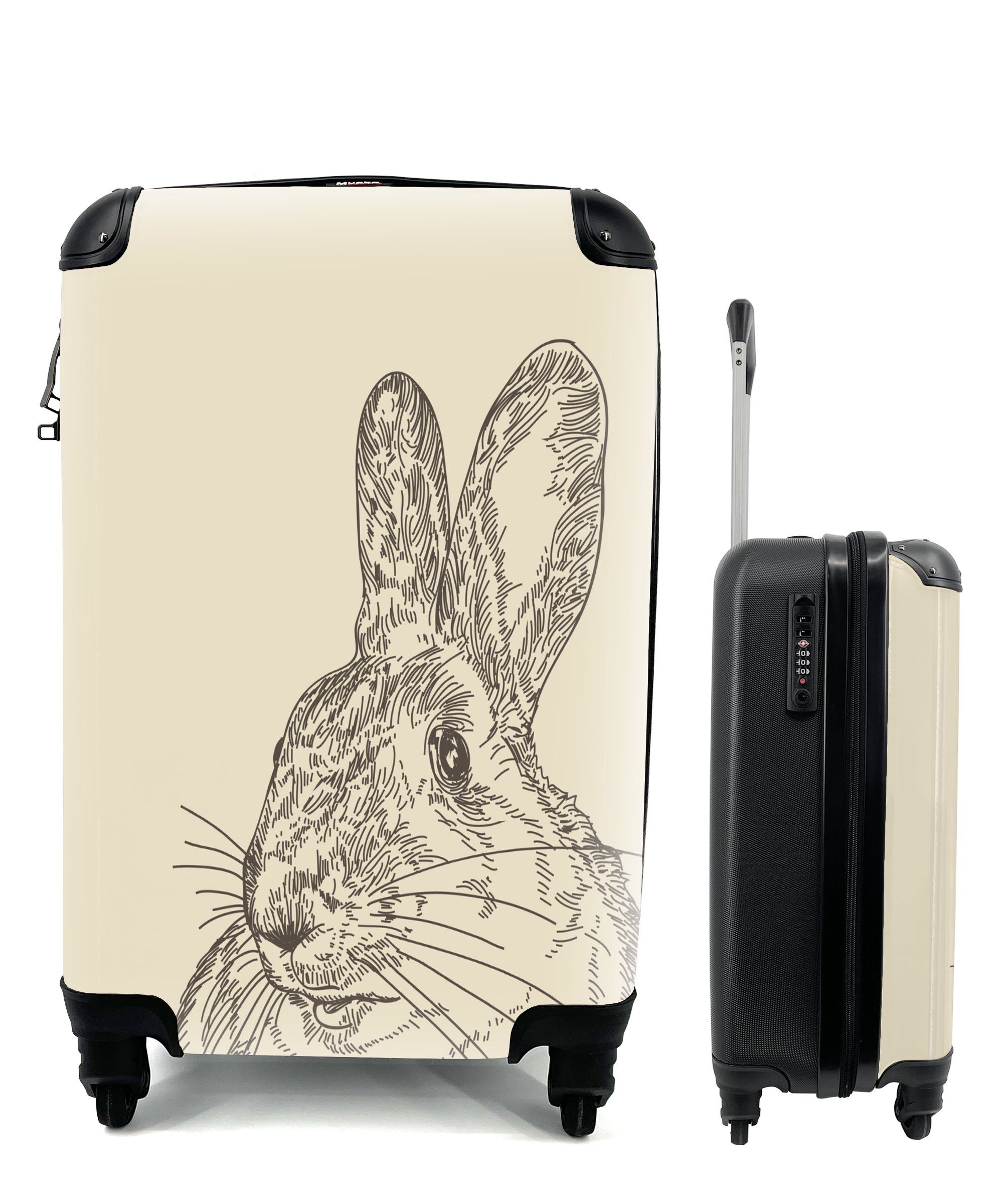 MuchoWow Handgepäckkoffer Vintage-Illustration eines Kaninchens, 4 Rollen, Reisetasche mit rollen, Handgepäck für Ferien, Trolley, Reisekoffer