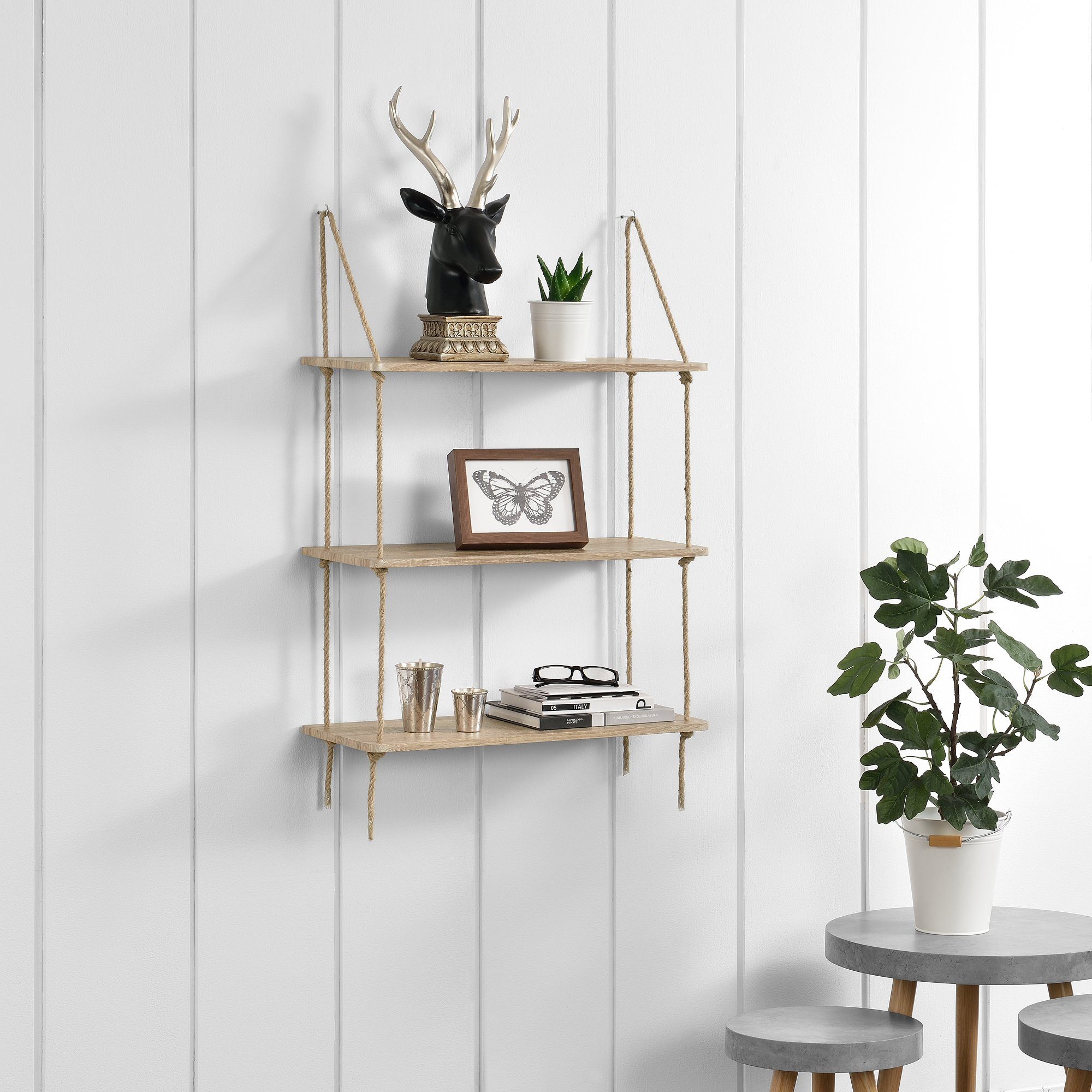 en.casa Wandregal, »Arensburg« Hängeregal 3-fach mit Seilaufhängung Natur günstig online kaufen