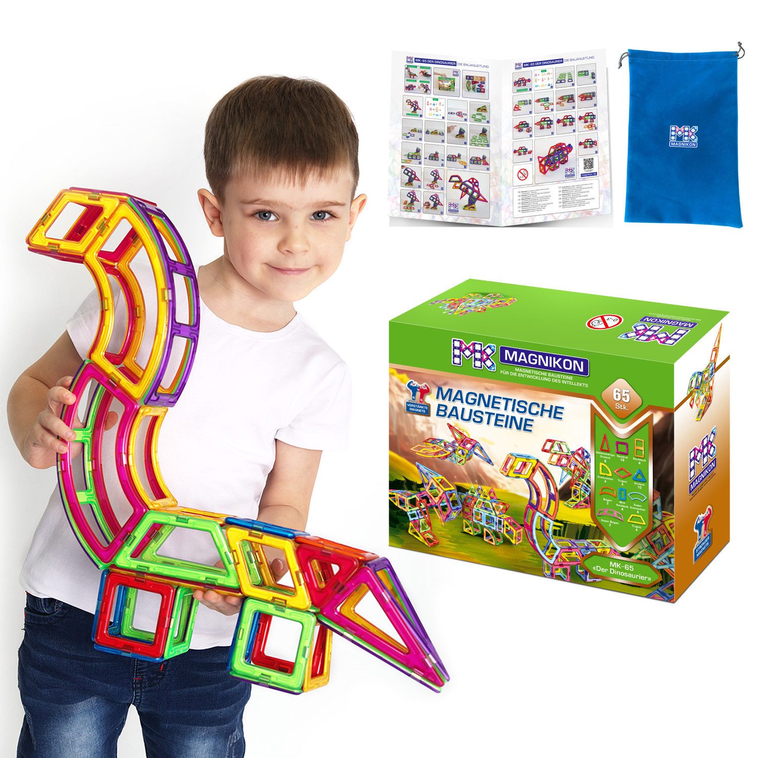 MAGNIKON Magnetspiel Bauklötze MK-65 “Der Dinosaurier”, 65-Teilig Magnetspielbausteine, (Magnetische Bausteine, 65 St., verstärkte Magnete), stabile Baumodelle