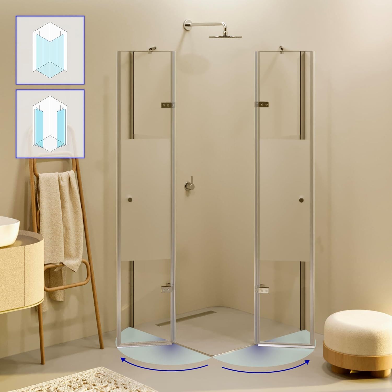 i-flair Eckdusche Duschkabine Alice aus teilsatiniertem ESG, Höhe 190 cm, 80x80 cm, BxT: 80x80 cm, Einscheibensicherheitsglas, ohne Duschtasse, mit hochwertigen Aluminiumprofilen in silber, ebenerdiger Einbau möglich, mit Drehtüren
