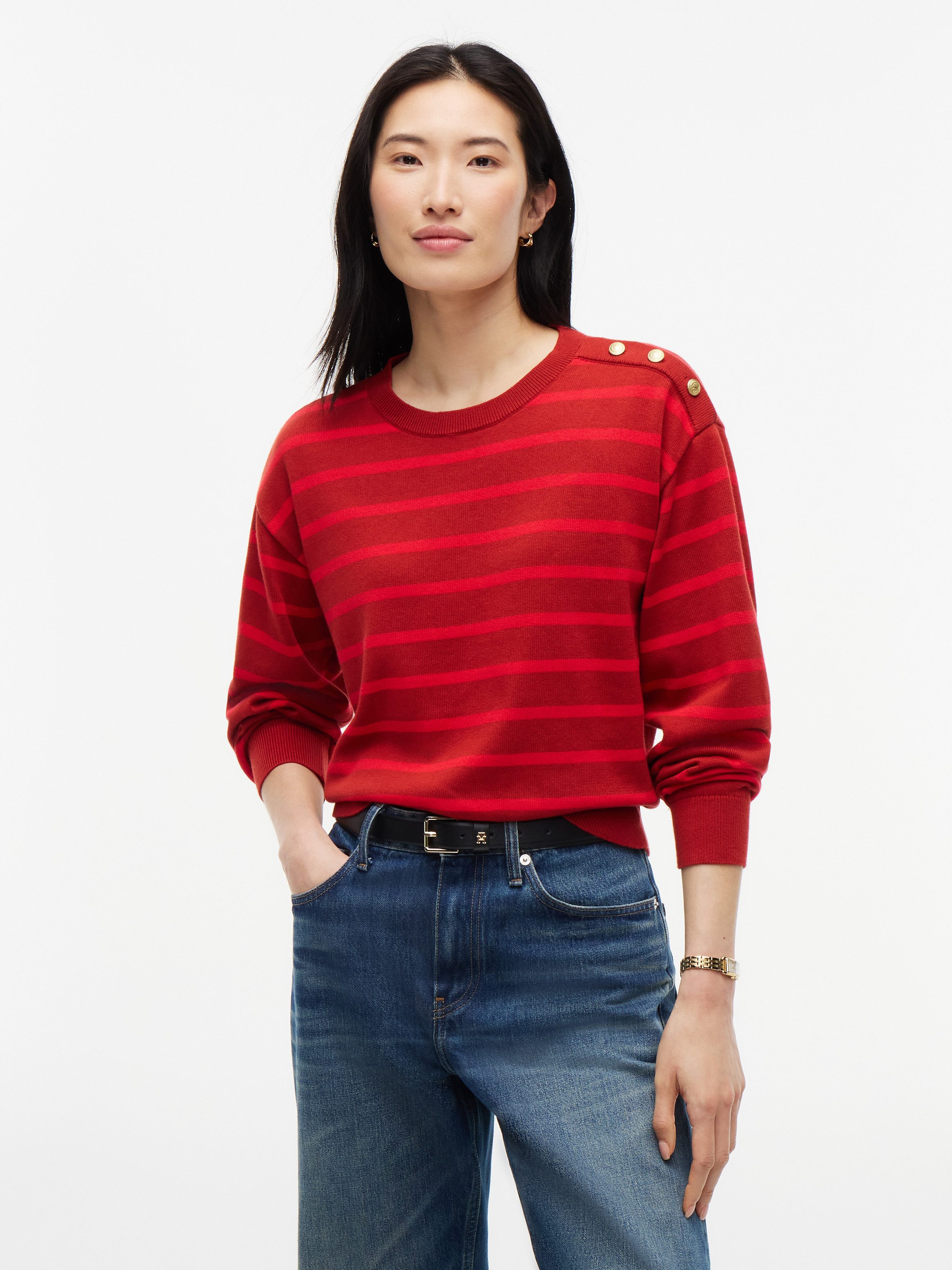 Tommy Hilfiger Strickpullover STRIPED SCRIPT LOGO SWEATER LS Baumwolle, goldfarbene Zierknöpfe