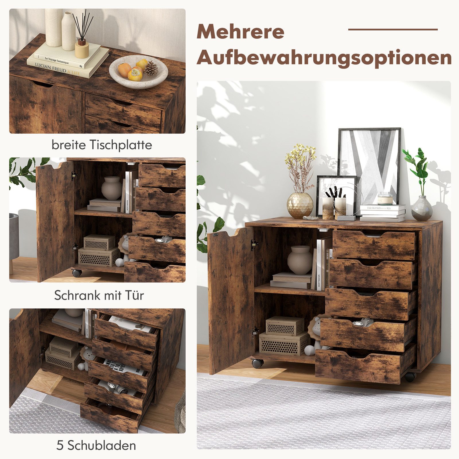 COSTWAY Rollcontainer, Aktenschrank mit 5 Schubladen, auf Rollen, 79x39x65cm