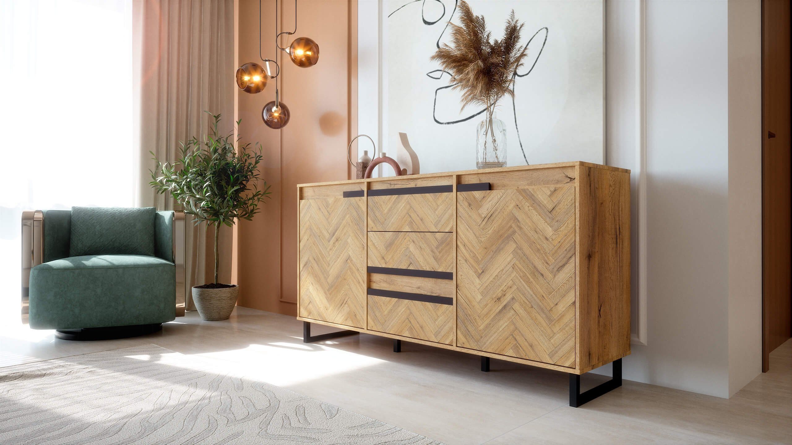 Newroom Sideboard Melami, Fischgräte Eiche Optik Sideboard Modern Elegant Highboard Anrichte