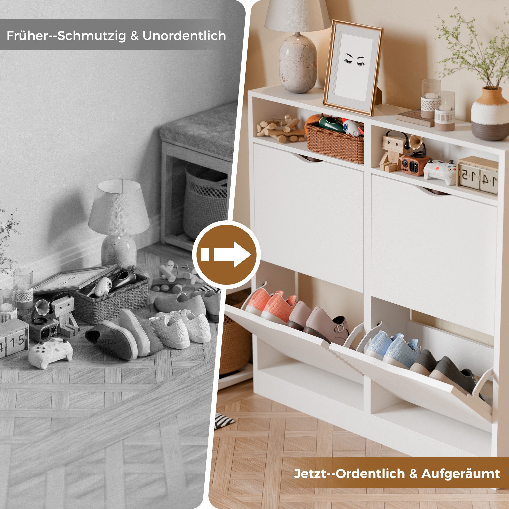 ELUCHANG Schuhschrank Schmal mit 4 Klappen Platzsparender (1-St) 100×17×100cm, weiß – Bild 5 von 5