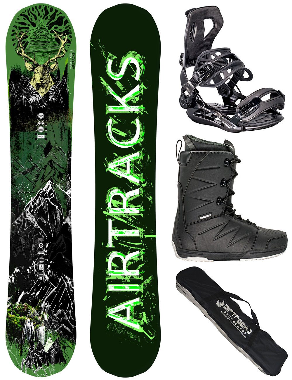 Airtracks Snowboard Herren Snowboard Set Forest King Carbon Rocker » Mod. 25 (4 St., 4-er Pack), Snowboard + Bindung Master + Boots + SB Bag / 153 156 160 cm
