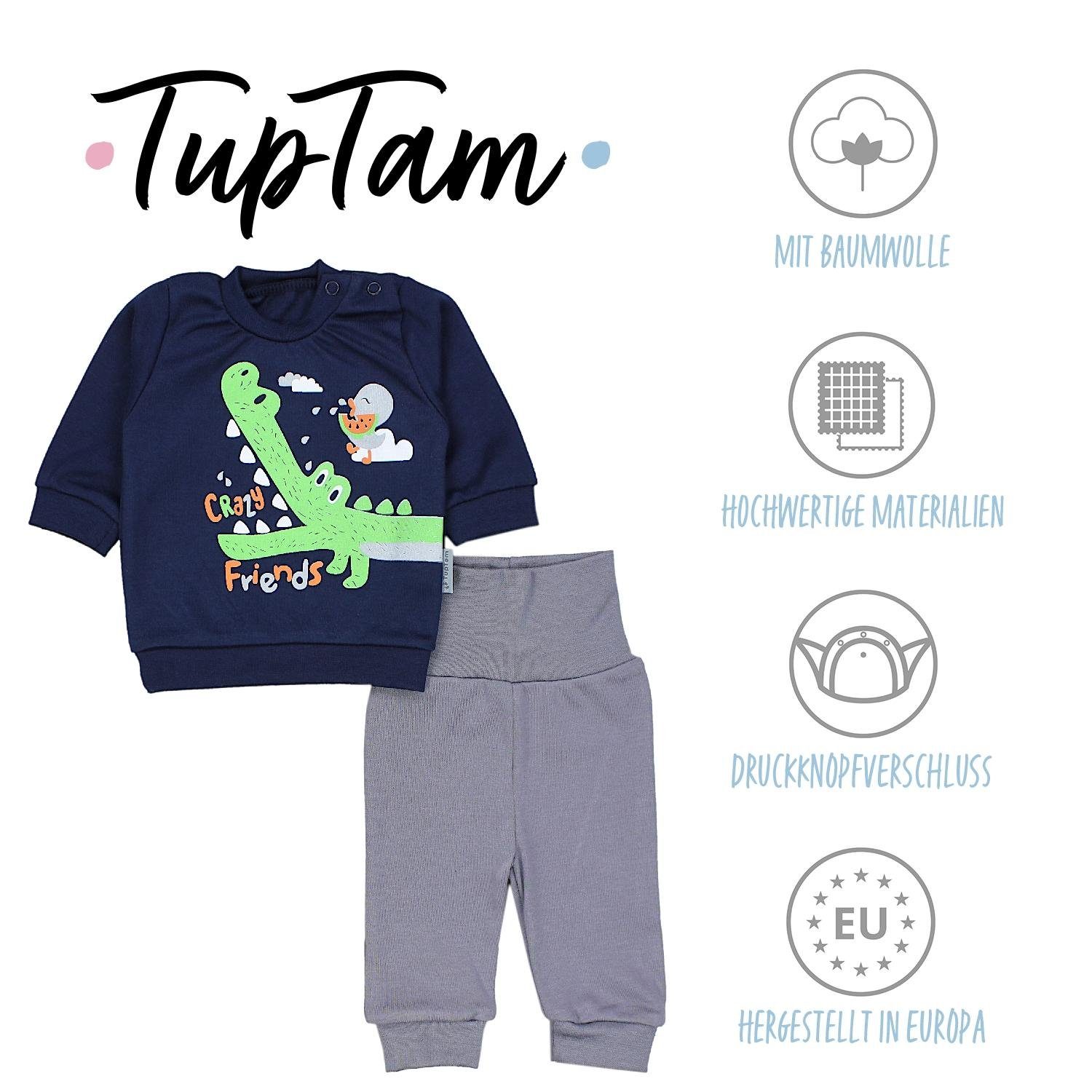 TupTam Erstausstattungspaket Baby Jungen Outfit Spruch mit Grün Babykleidung Print Dunkelblau Babyhose Krokodil Langarmshirt