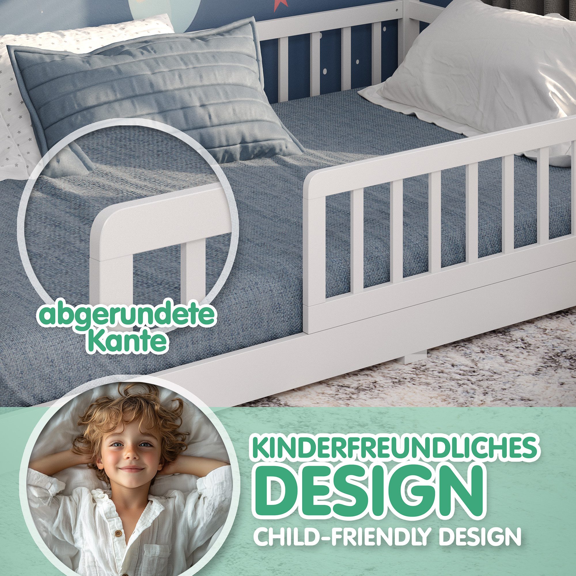 CADANI Kinderbett Malte Hausbett Bodenbett - Rausfallschutz abnehmbar - bis 200 kg (120x200 cm, Montessori Kinder- & Jugendbett aus Kiefer Massivholz), inkl. st – Bild 5 von 5