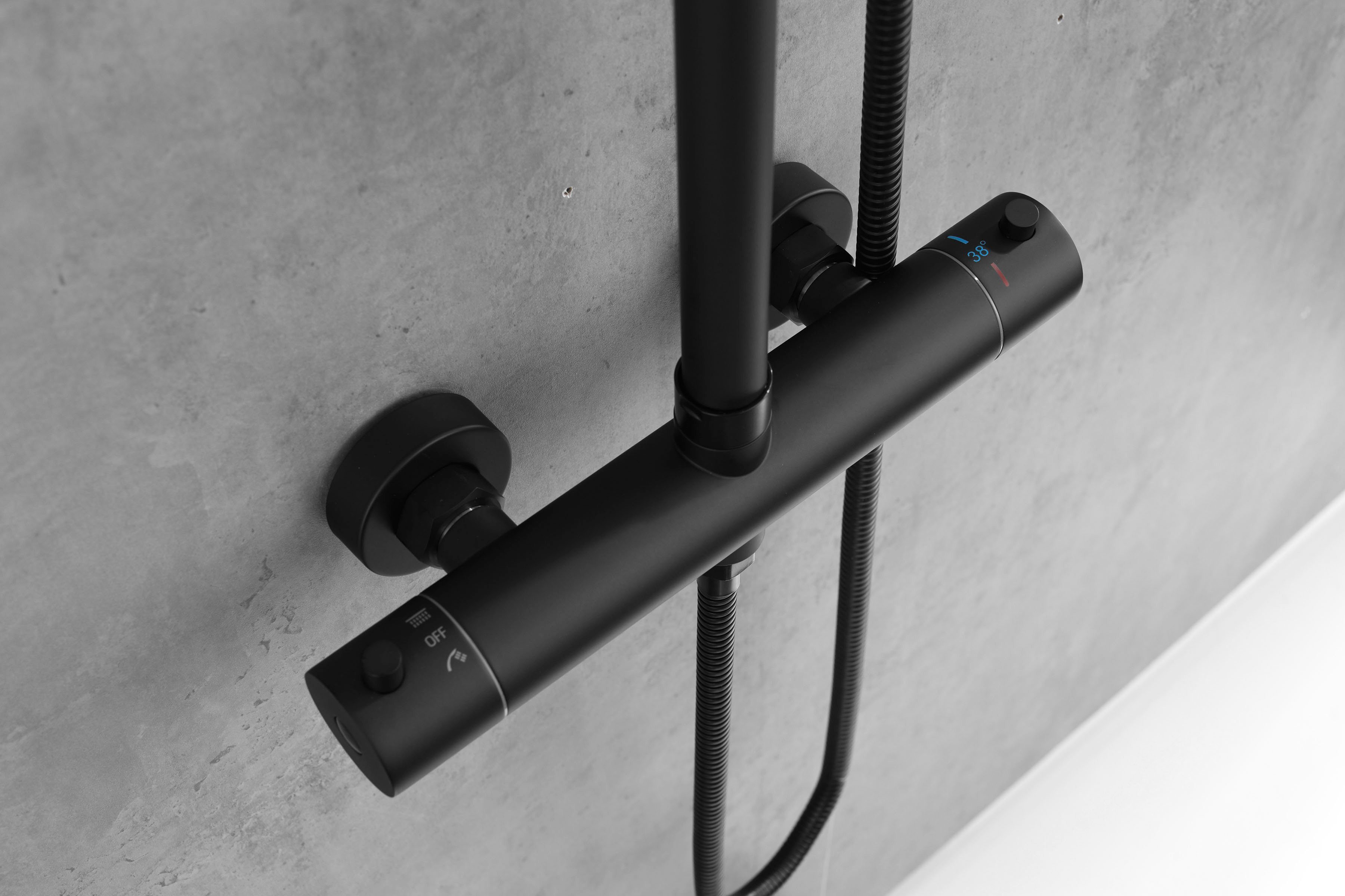 welltime Duschsystem Rainshower, 1 Strahlart(en), Handbrause mit schwarz Ø250mm, stabförmige Edelstahl, Überkopfbrause