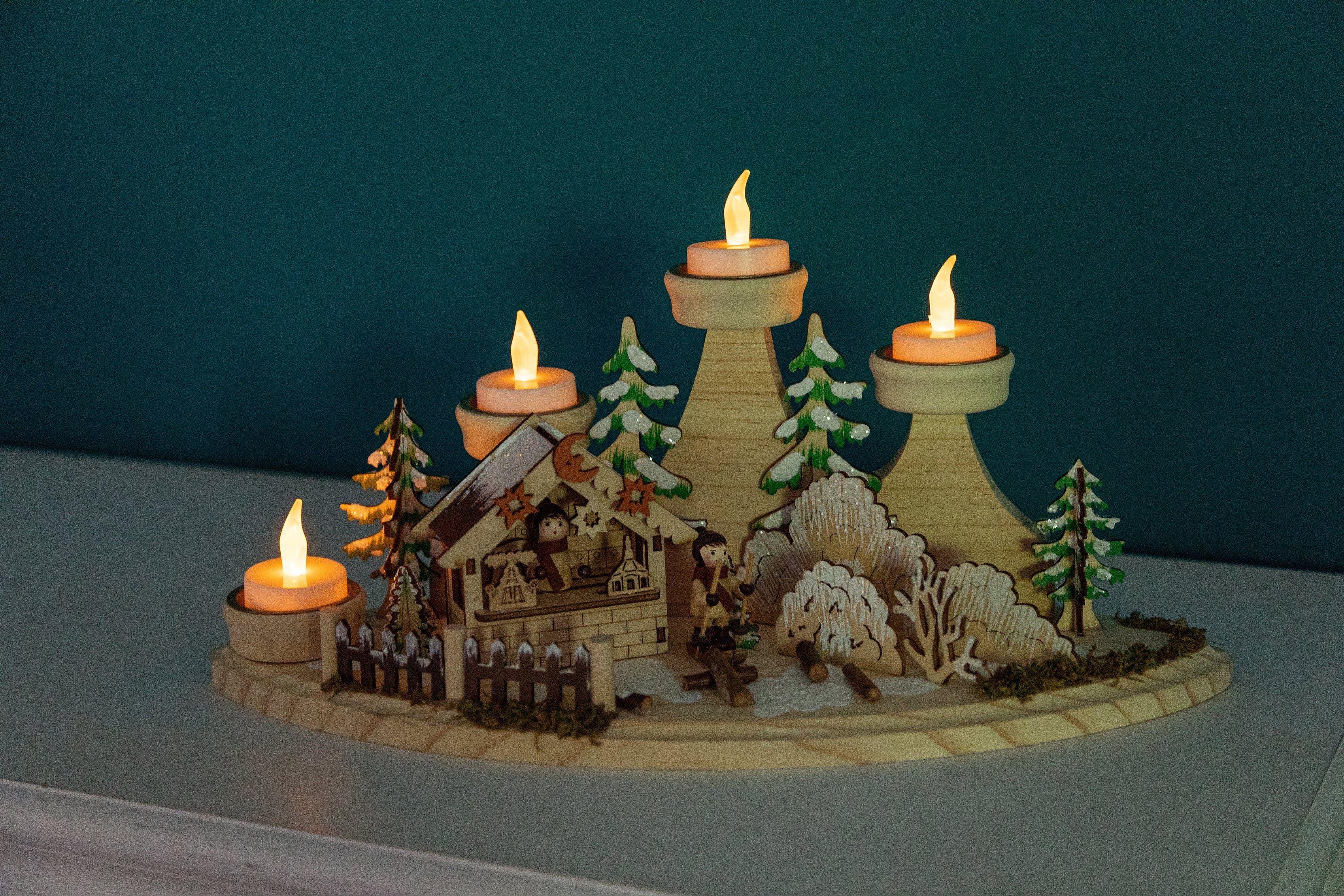 OTTO home Teelichthalter Weihnachtsdeko, 16,5 cm breit (1 St), Winterlandschaft aus Holz, mit 4 Teelichthaltern – Bild 5 von 5
