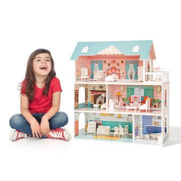 XDeer Puppenhaus Hölzernes Puppenhaus-Spielset mit Möbeln und Zubehör, 3 Etagen, echtes Traumspielzeughaus, tolles Geschenk für Mädchen