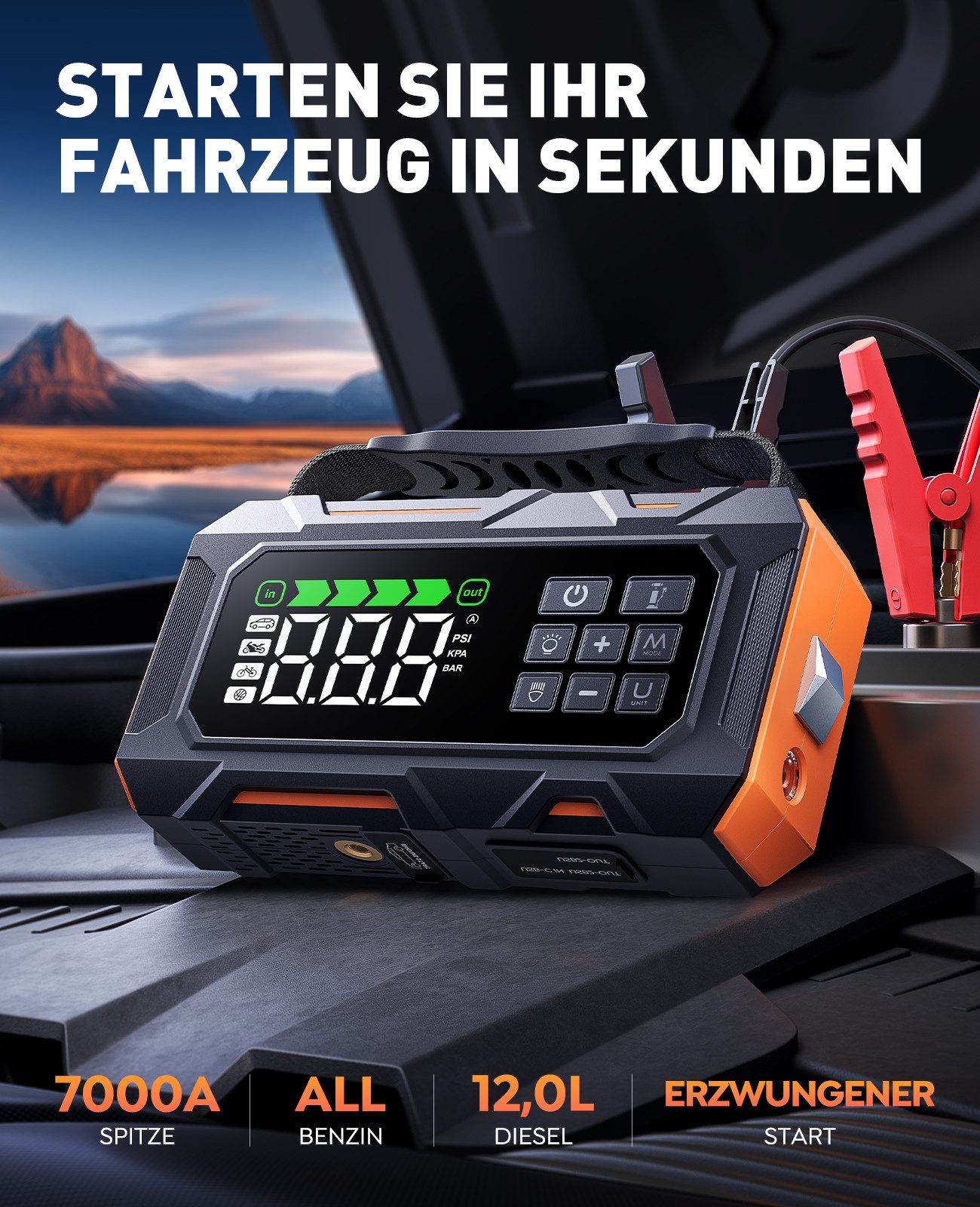 Buture 14-In-1 7000A Starthilfe Powerbank fürs Auto 26800mAh Starthilfegerät, 5 LED-Licht, Reifenreparaturset, Notfallhammer – Bild 2 von 5
