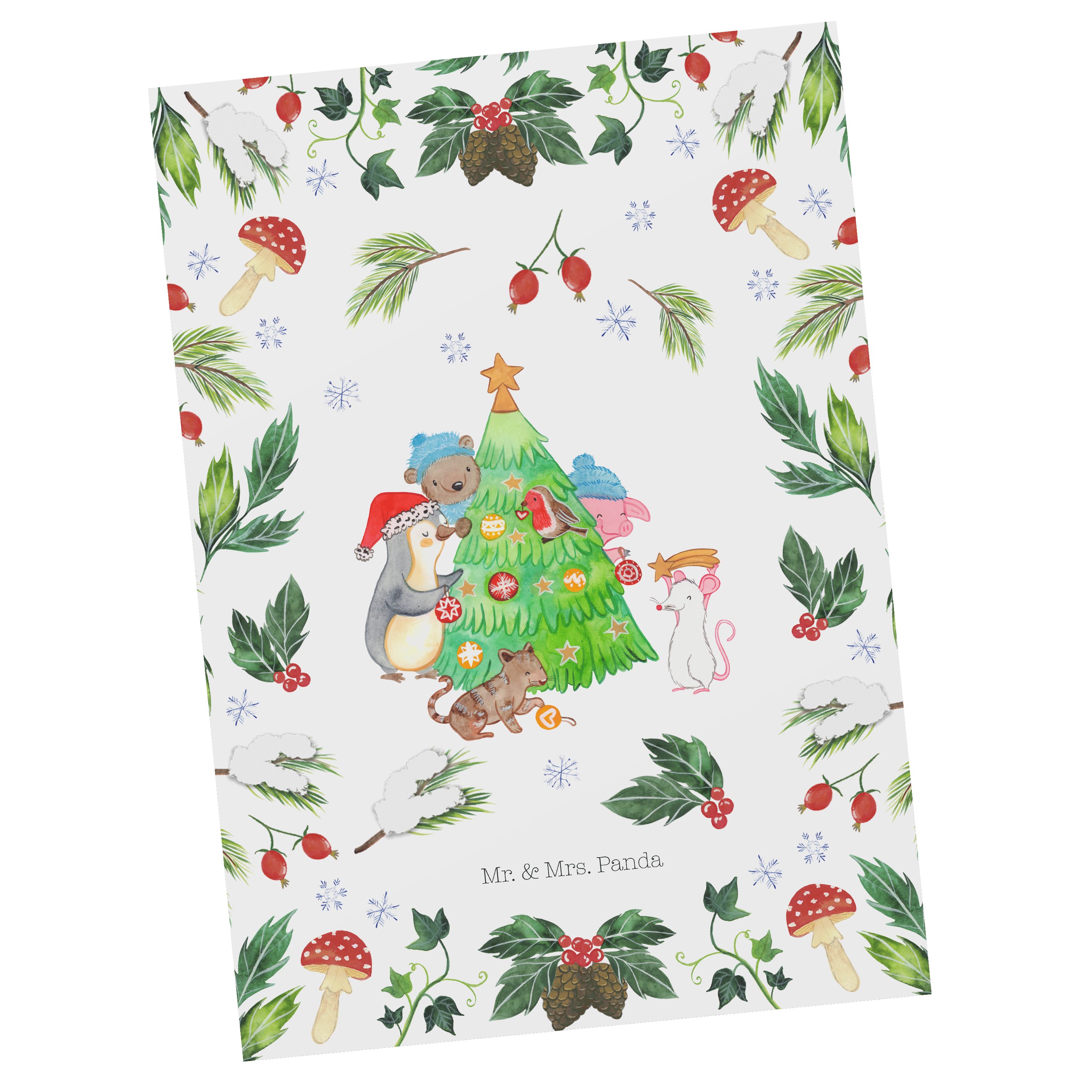 Mr. & Mrs. Panda Postkarte Weihnachtsbaum schmücken - Weiß - Geschenk, Heiligabend, Weihnachtsde