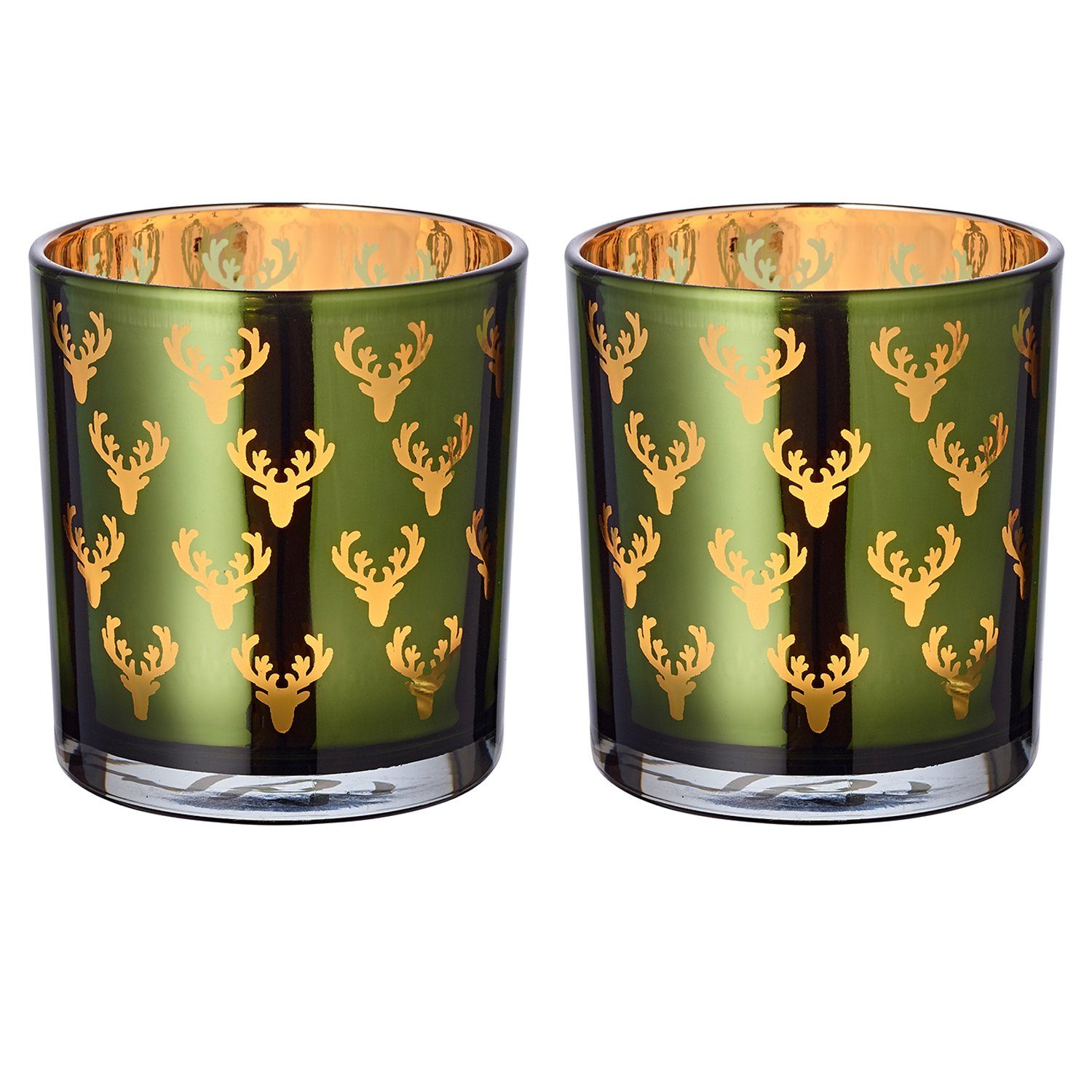 EDZARD Windlicht Dirk, 2er-Set, Glas, Hirsch-Motiv, grün und gold, H 8 cm, Ø 7 cm