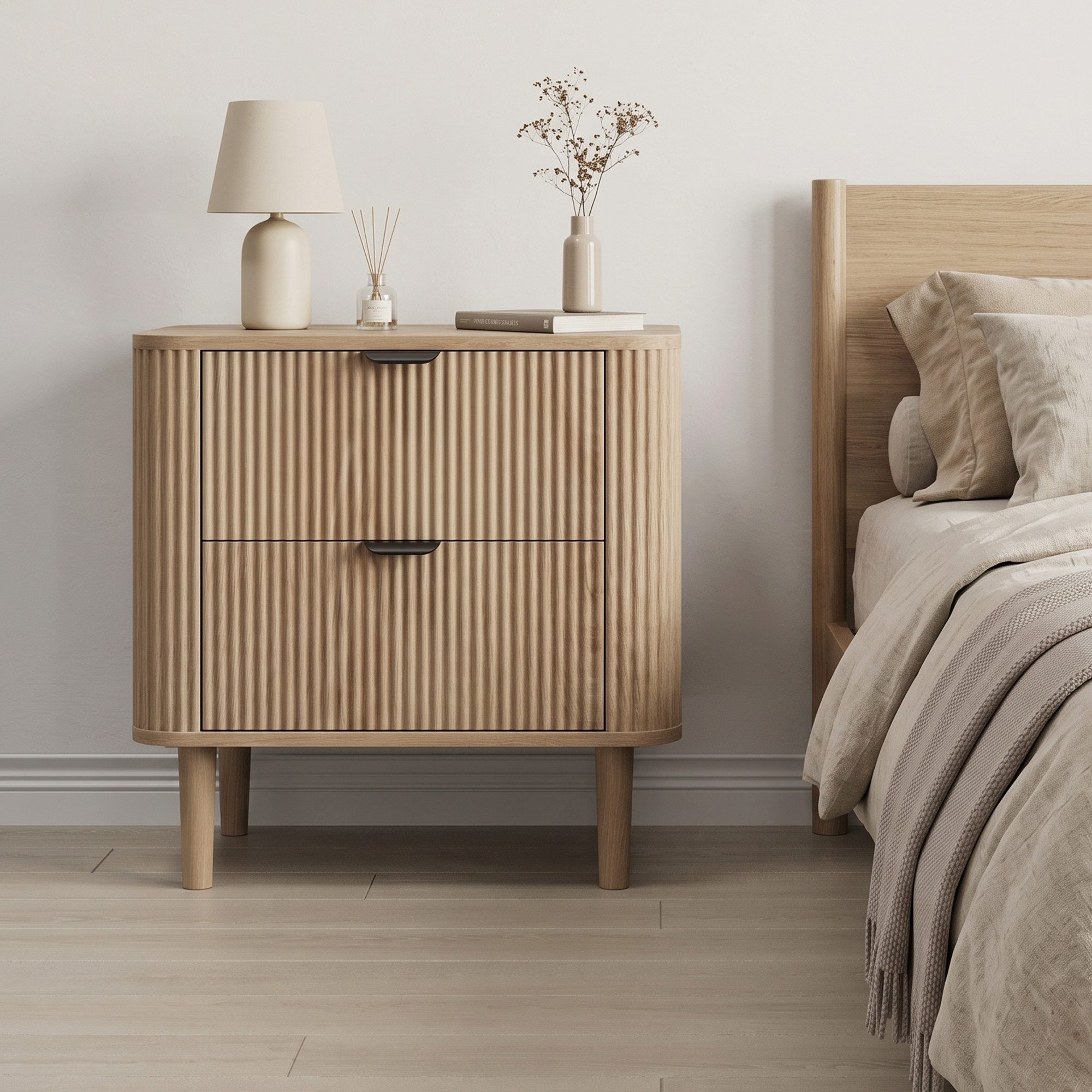 Celya Nachttisch aus Holz mit Rillenstruktur und 2 Schubladen (1er-set, geschwungener Nachttisch, Aufbewahrungsmöbel fürs Schlafzimmer)