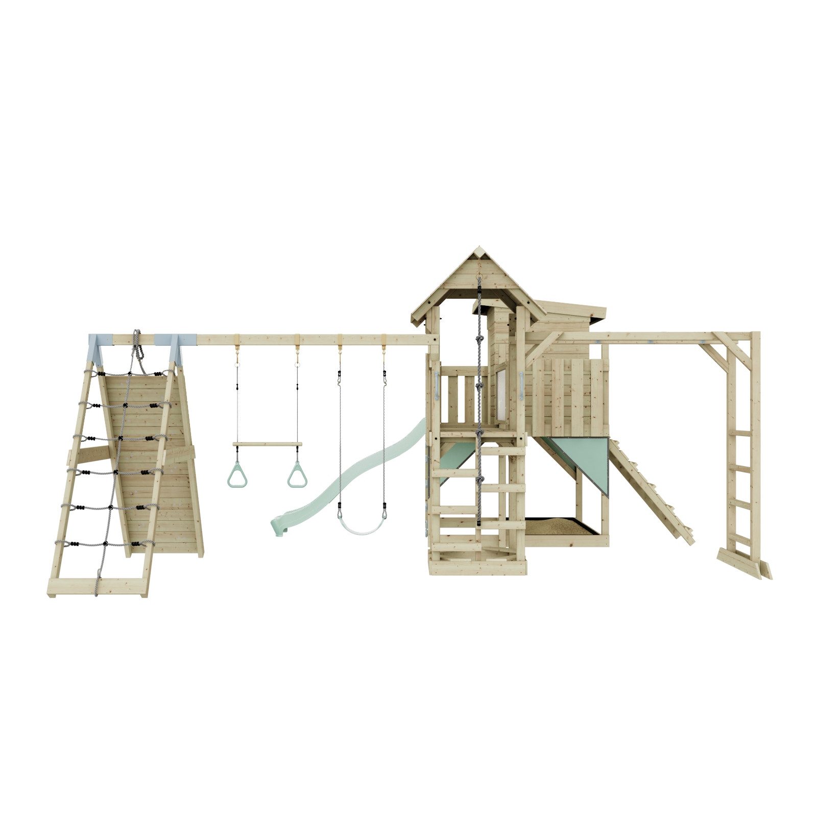 OutdoorToys Spielturm Lars, aus Holz in Mintgrün mit Trapezschaukel mit Rutsche, Kletterwand