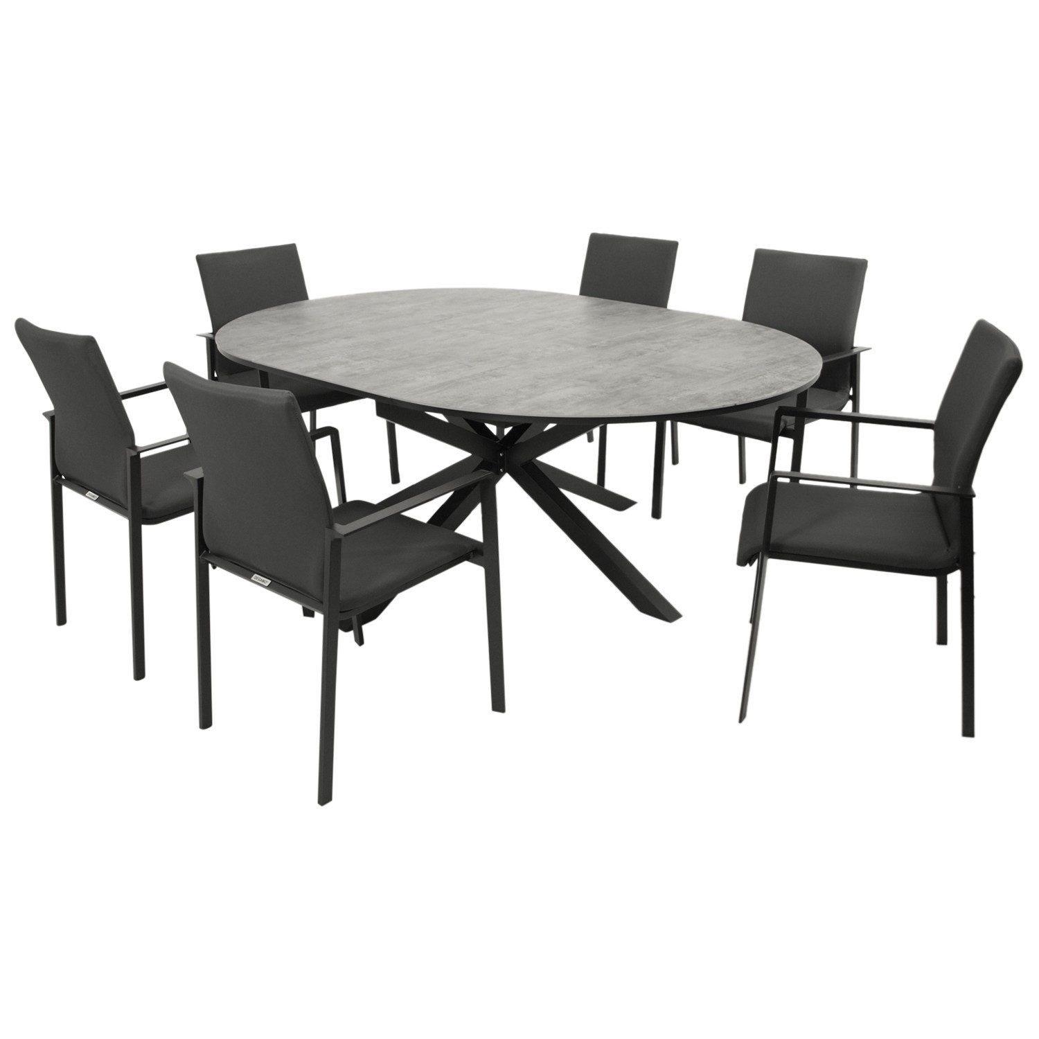 DEGAMO Garten-Essgruppe LYON, (7-tlg., 6 Sessel, 1 Tisch), Alu anthrazit, Stapelsessel, Tisch ausziehbar, Platte ECP Steinoptik
