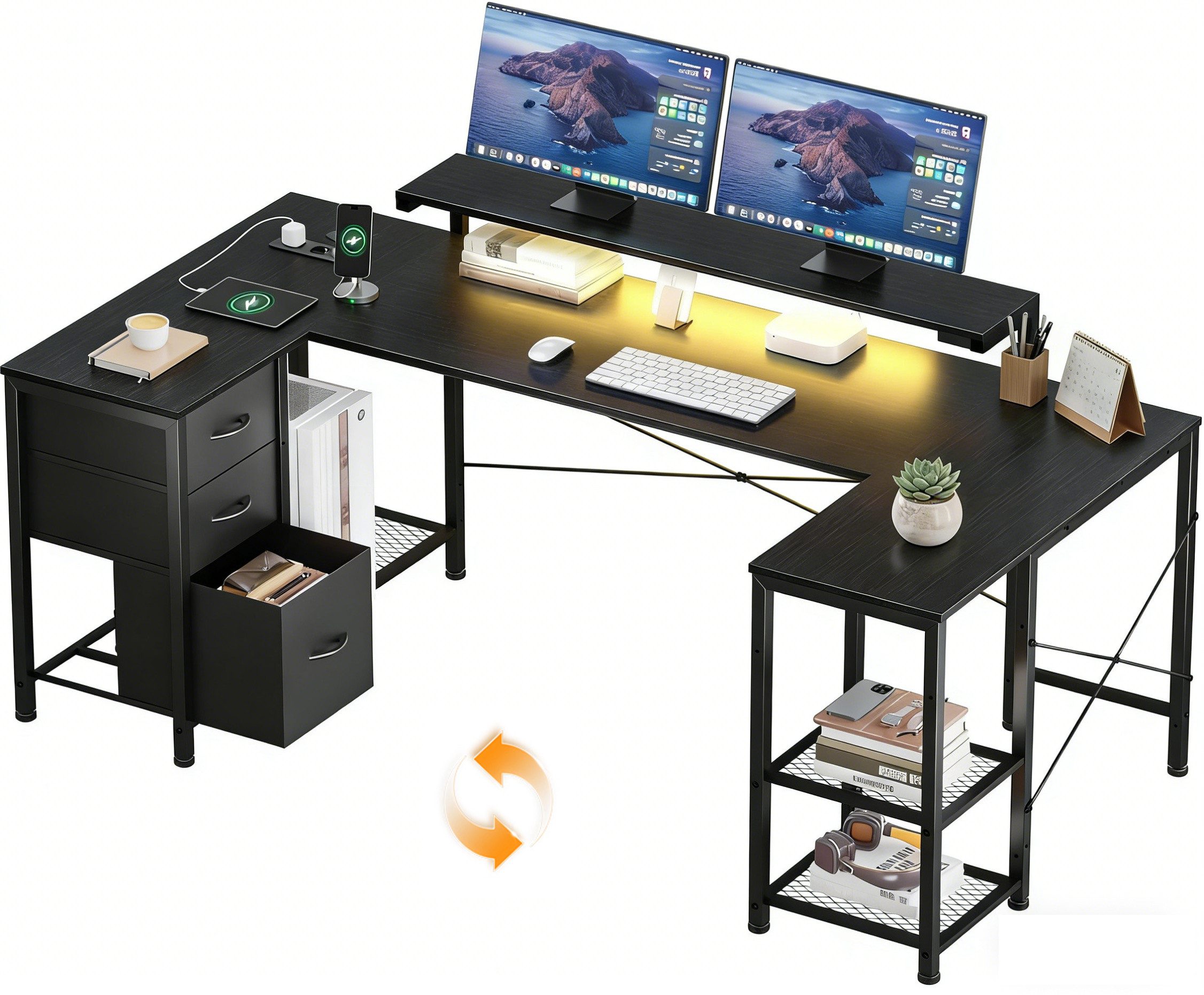 HOMALL Eckschreibtisch 170cm U-förmiger Schreibtisch mit LED-Monitorhalterung Gamingtisch (Die Monitorhalterung ist verstellbar und verfügt über zwei Steckdosen und zwei USB-Anschlüsse, drei Stoffschubladen und drei Gitterablagen. Sie kann links oder rech