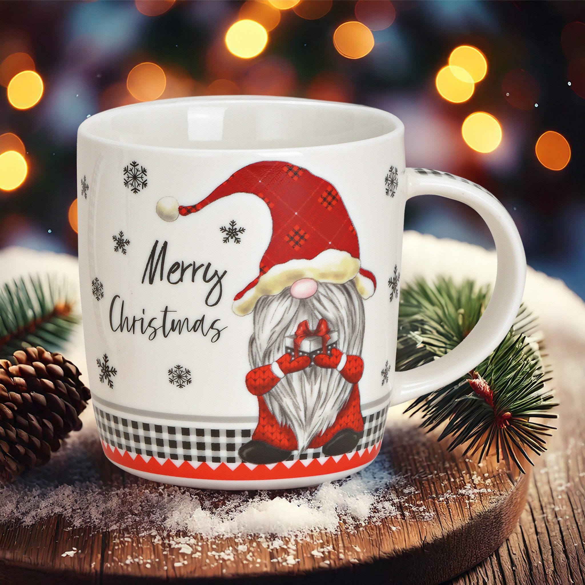 matches21 HOME & HOBBY Tasse Weihnachtstassen 2er Set mit Spruch Merry Christmas Wichtel, 2-tlg., Porzellan, Tee Kaffee-Becher, Weihnachten, modern, grau weiss  – Bild 5 von 5